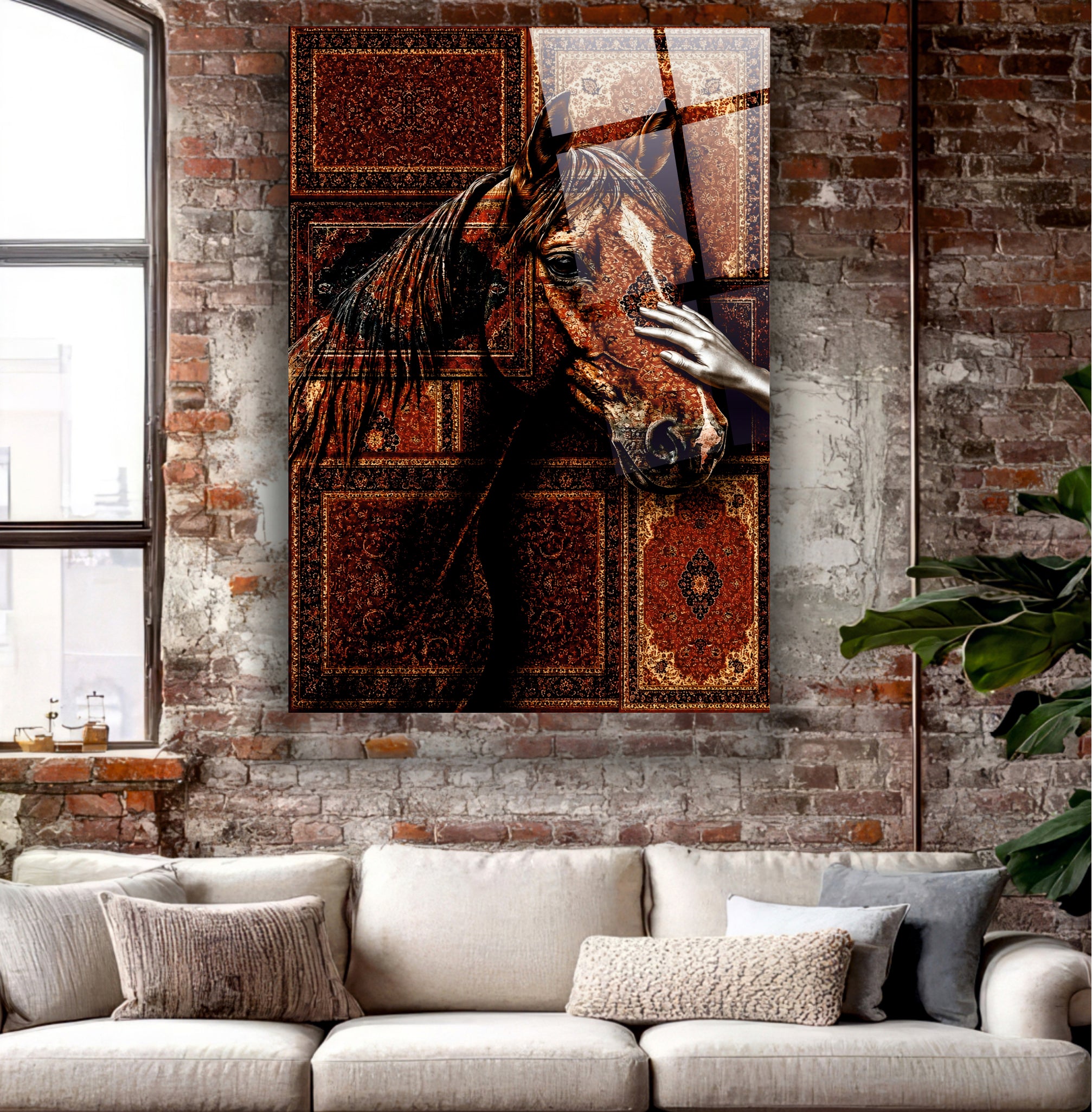 AT-44 At ve Kadın El Temalı Osmanlı Kilim Desenli Sanatsal Cam Tablo