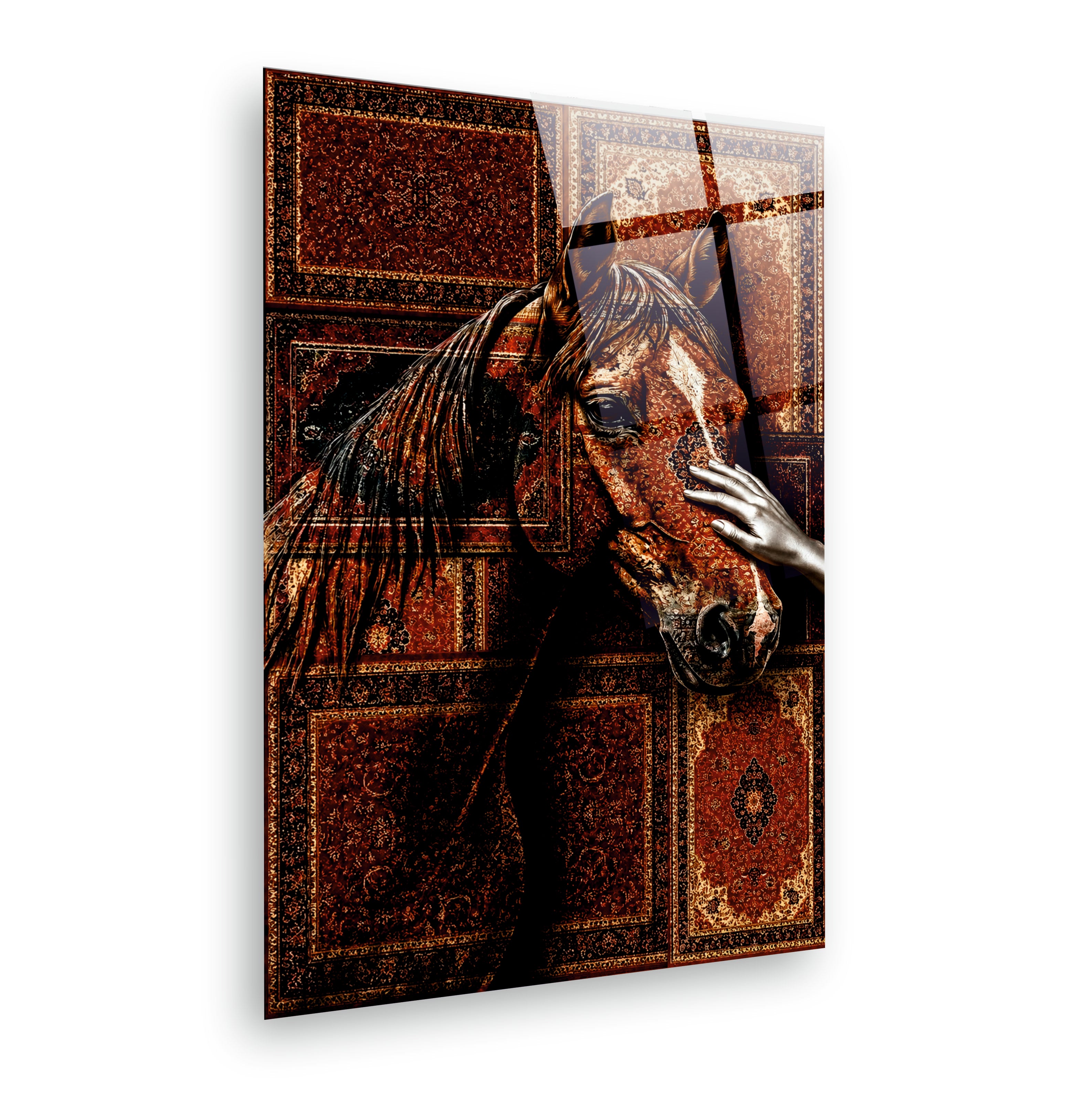 AT-44 At ve Kadın El Temalı Osmanlı Kilim Desenli Sanatsal Cam Tablo