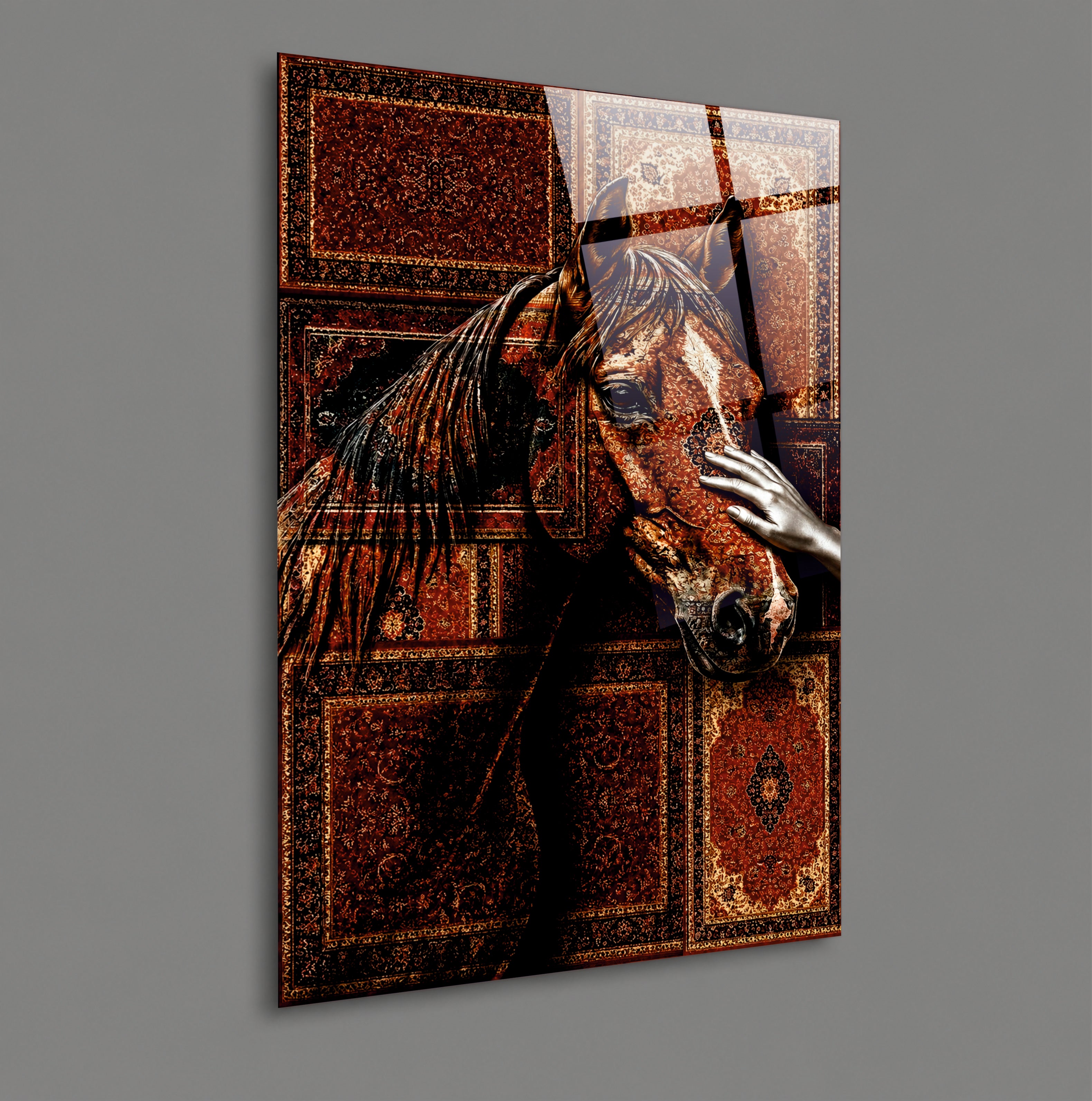 AT-44 At ve Kadın El Temalı Osmanlı Kilim Desenli Sanatsal Cam Tablo