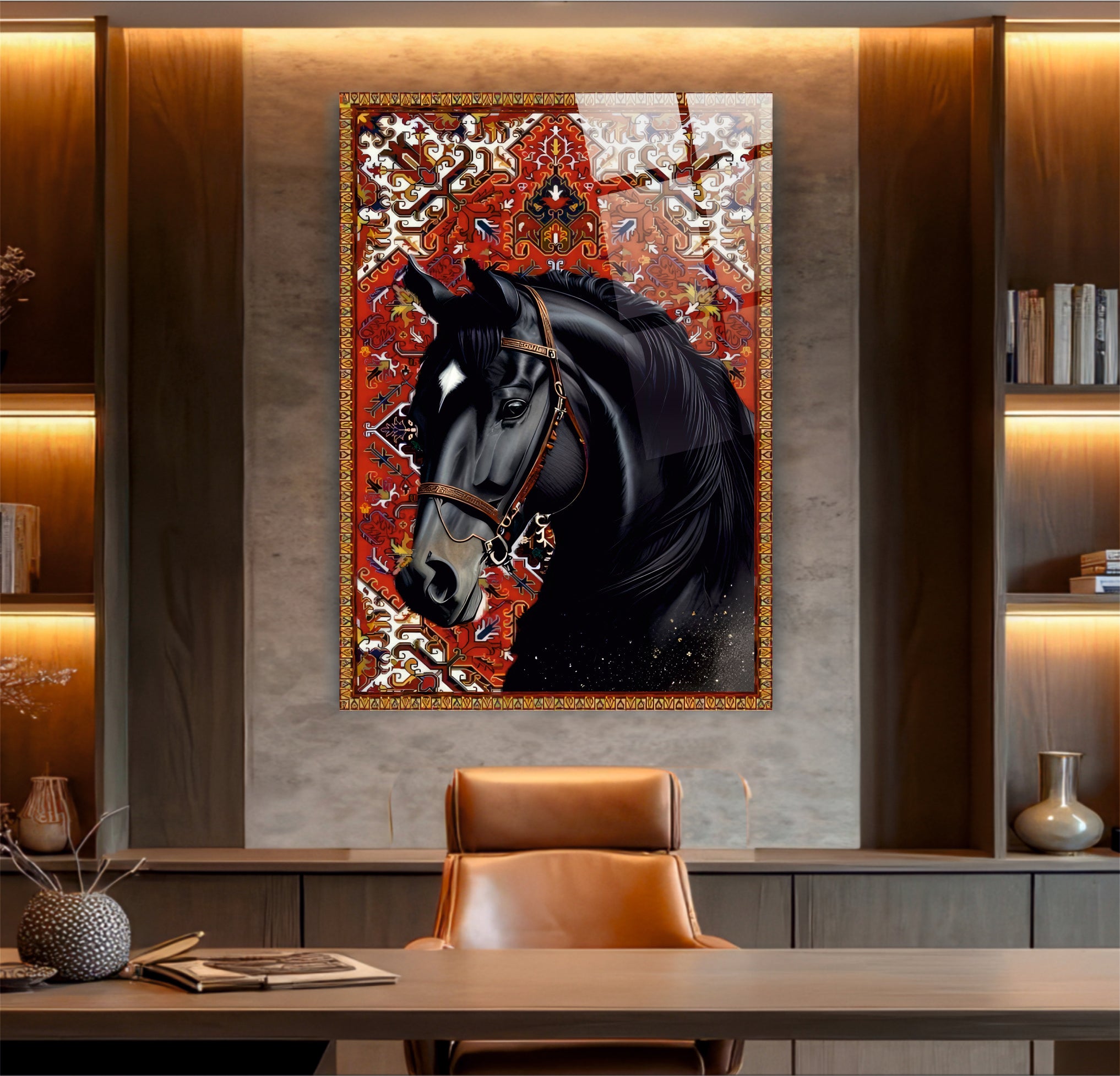 AT-7 Siyah At ve Geleneksel Kilim Desenli Klasik Çerçeveli Modern Cam Tablo