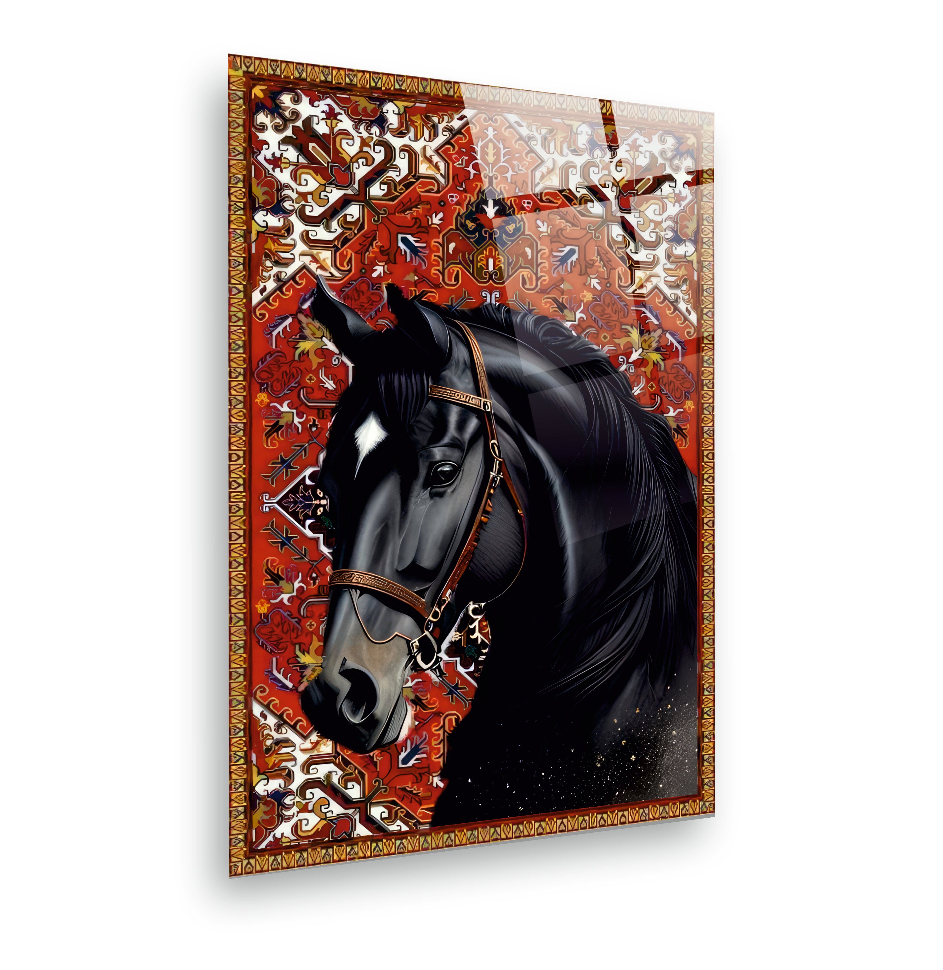 AT-7 Siyah At ve Geleneksel Kilim Desenli Klasik Çerçeveli Modern Cam Tablo