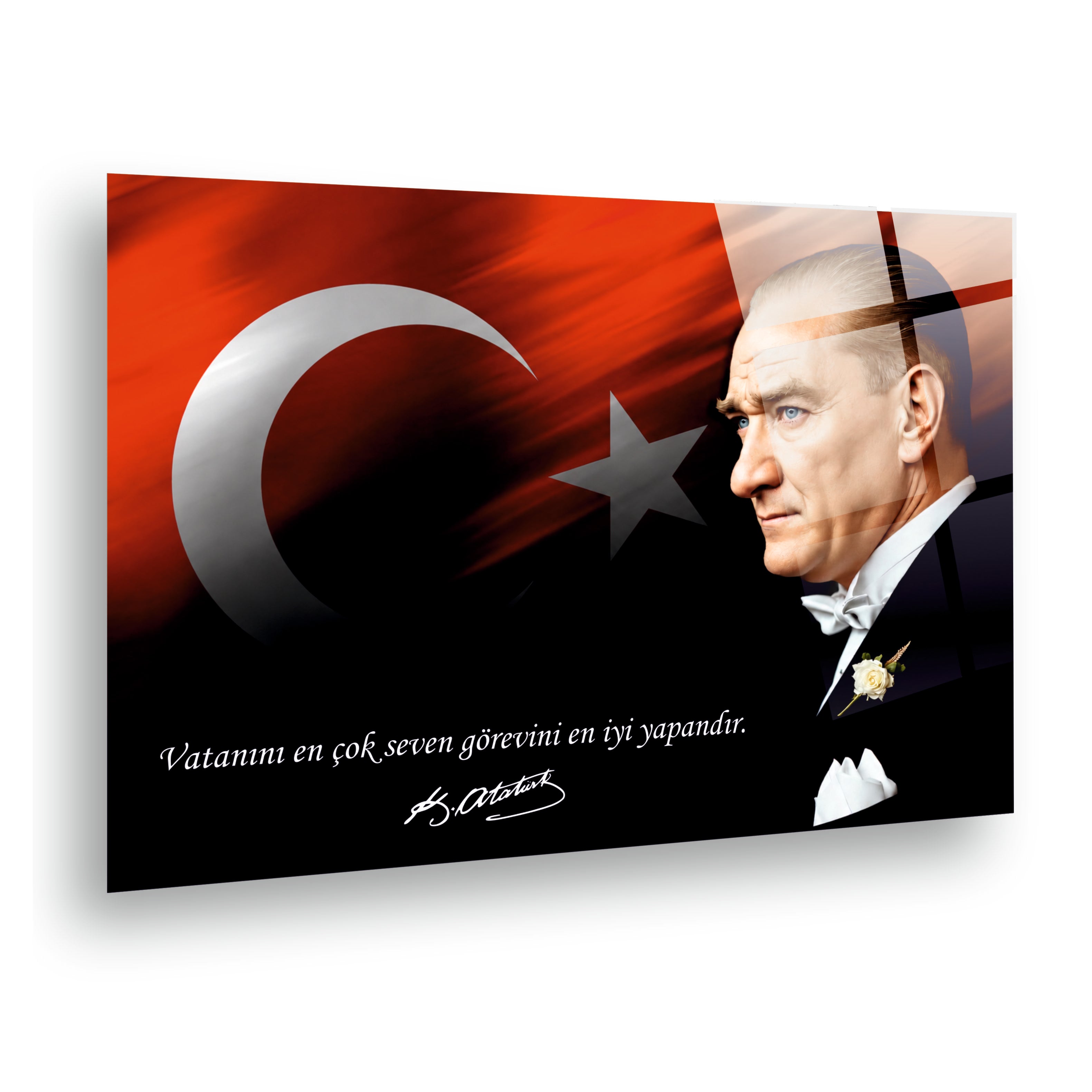 ATA-133 Atatürk Cam Tablo-Atatürk "Ne Mutlu Türk'üm Diyene"Türk Bayrağı Temalı