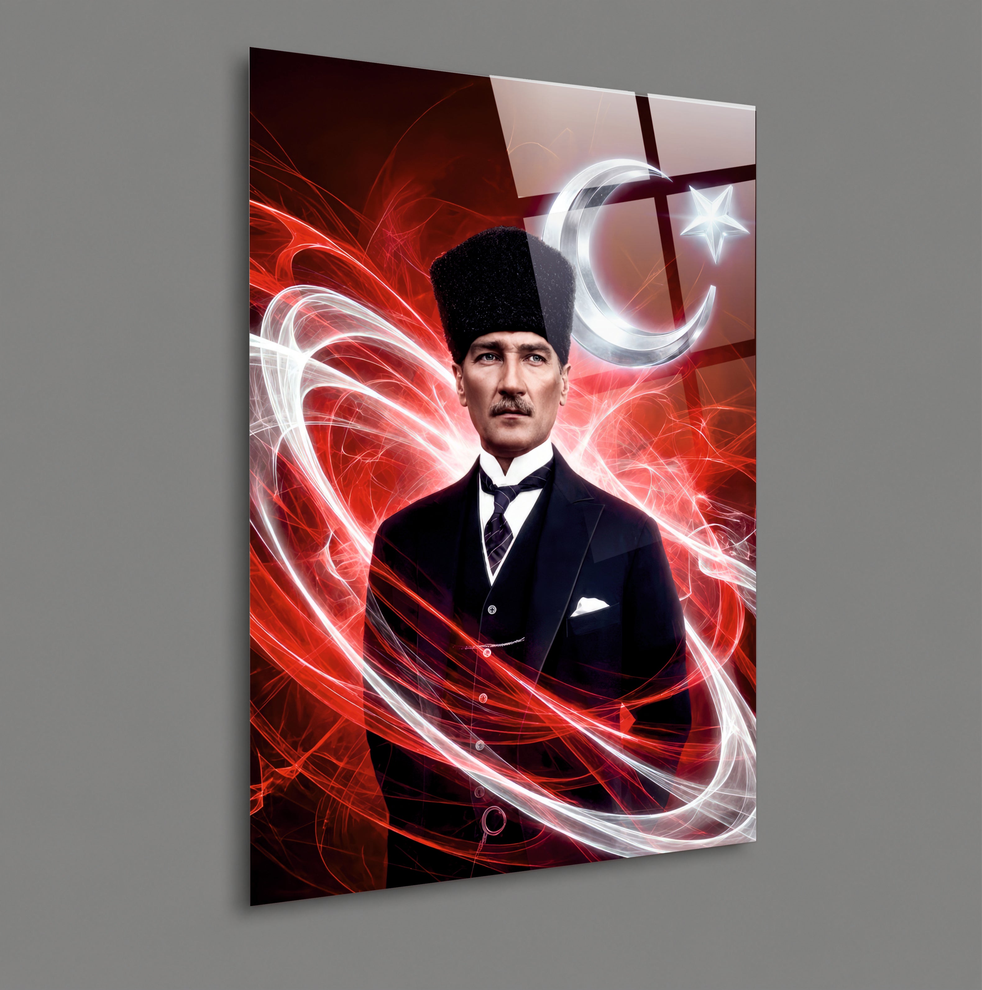 ATA-190 Atatürk Cam Tablo Modern Kırmızı Hilal Yıldız Kalpaklı Özel Tasarım
