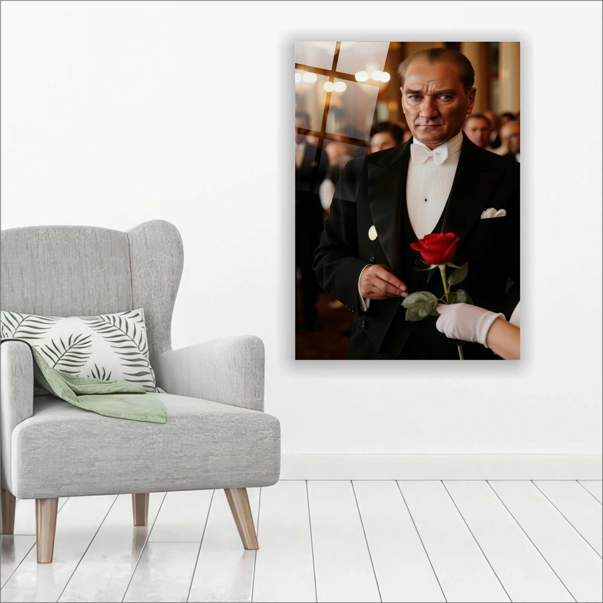 Atatürk Cam Tablo Kırmızı Güllü Beyefendi Portre