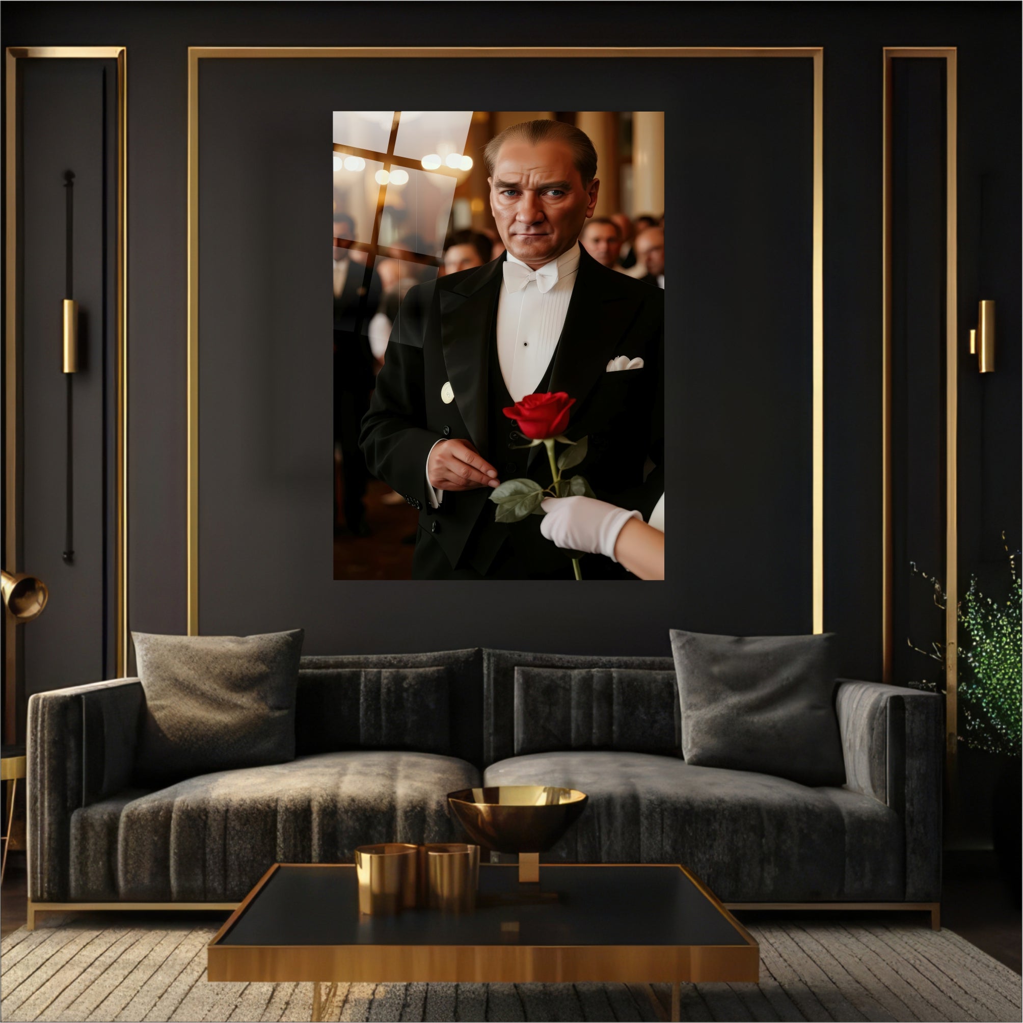 Atatürk Cam Tablo Kırmızı Güllü Beyefendi Portre
