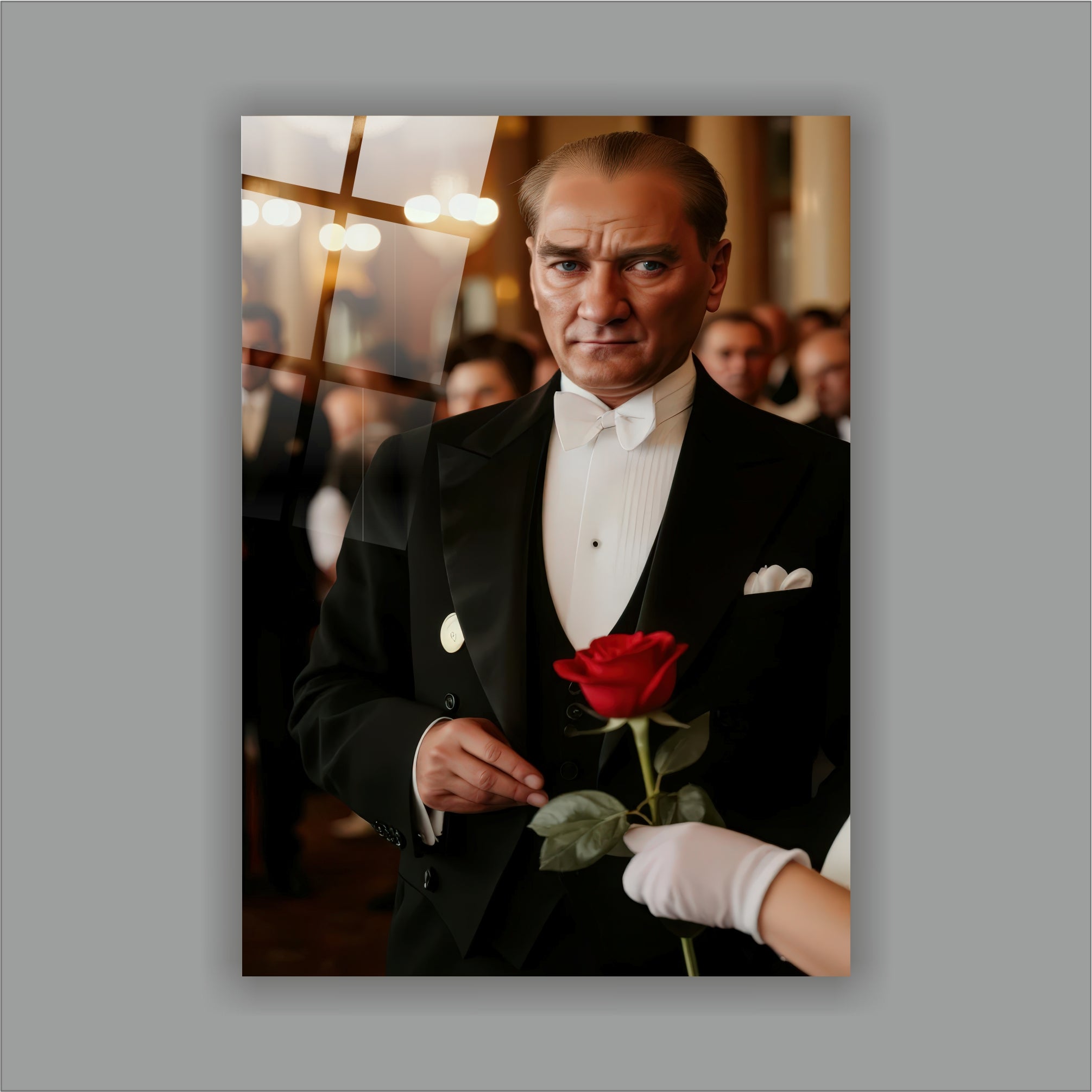 Atatürk Cam Tablo Kırmızı Güllü Beyefendi Portre