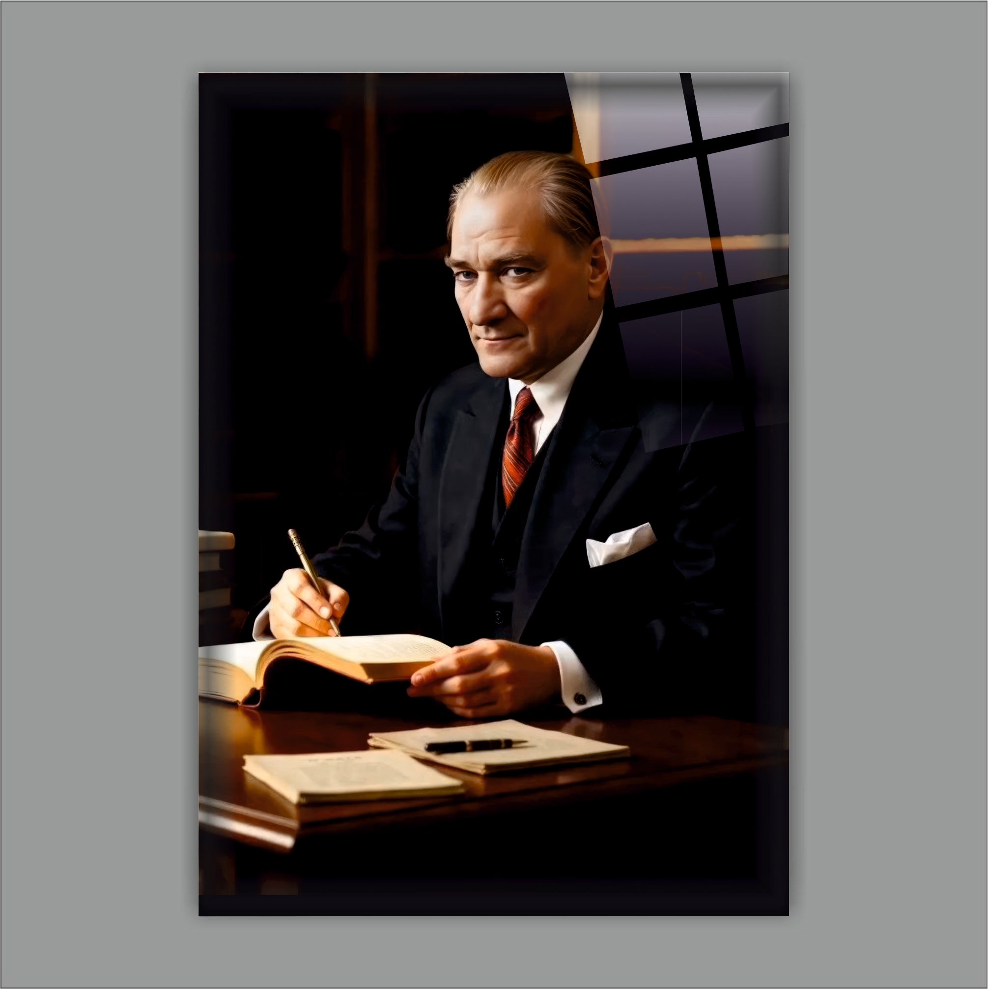 Atatürk Cam Tablo-Çalışma Masası-Bilge Lider Ofis Dekoru