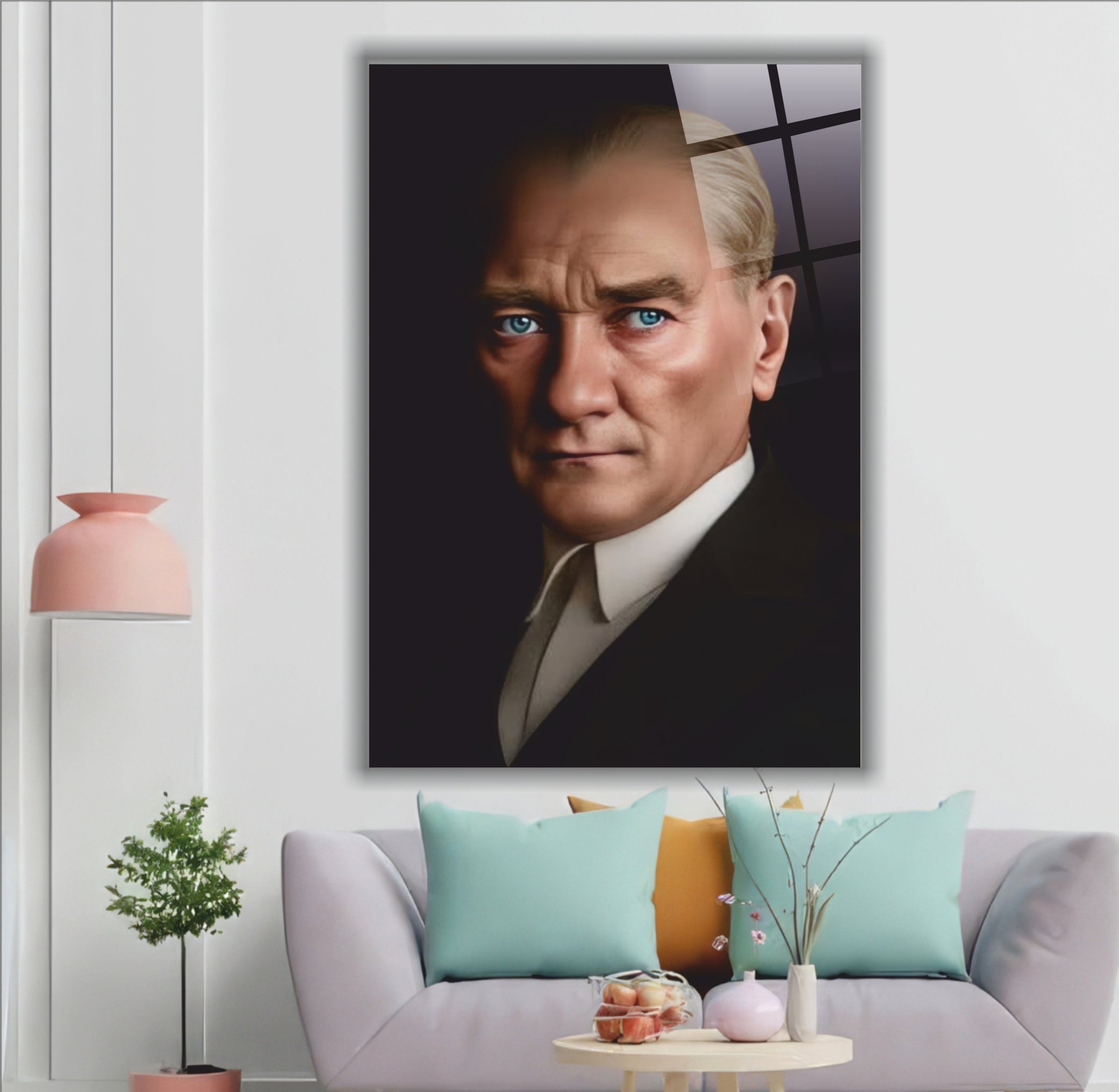 Atatürk Cam Tablo-Kristal Bakışlı Atatürk Portre- Keskin Detaylı
