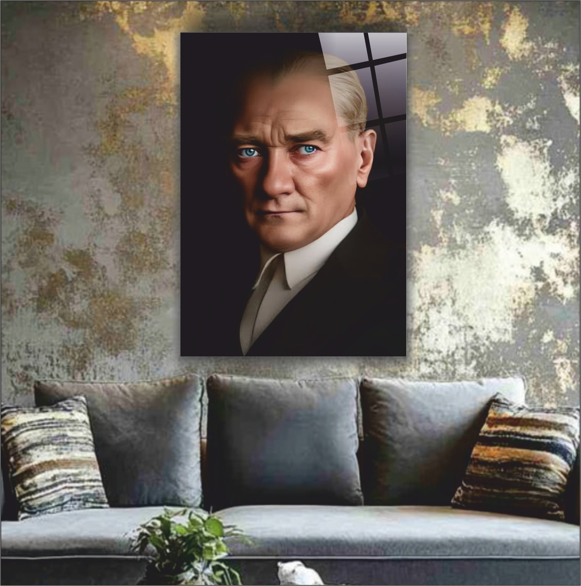Atatürk Cam Tablo-Kristal Bakışlı Atatürk Portre- Keskin Detaylı