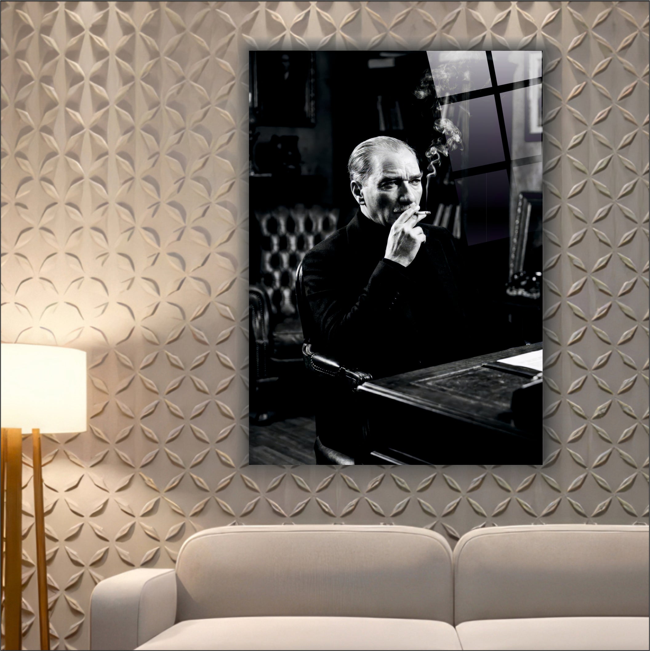 Atatürk Cam Tablo-Karizmatik Atatürk Siyah - Modern Ofis Dekoru
