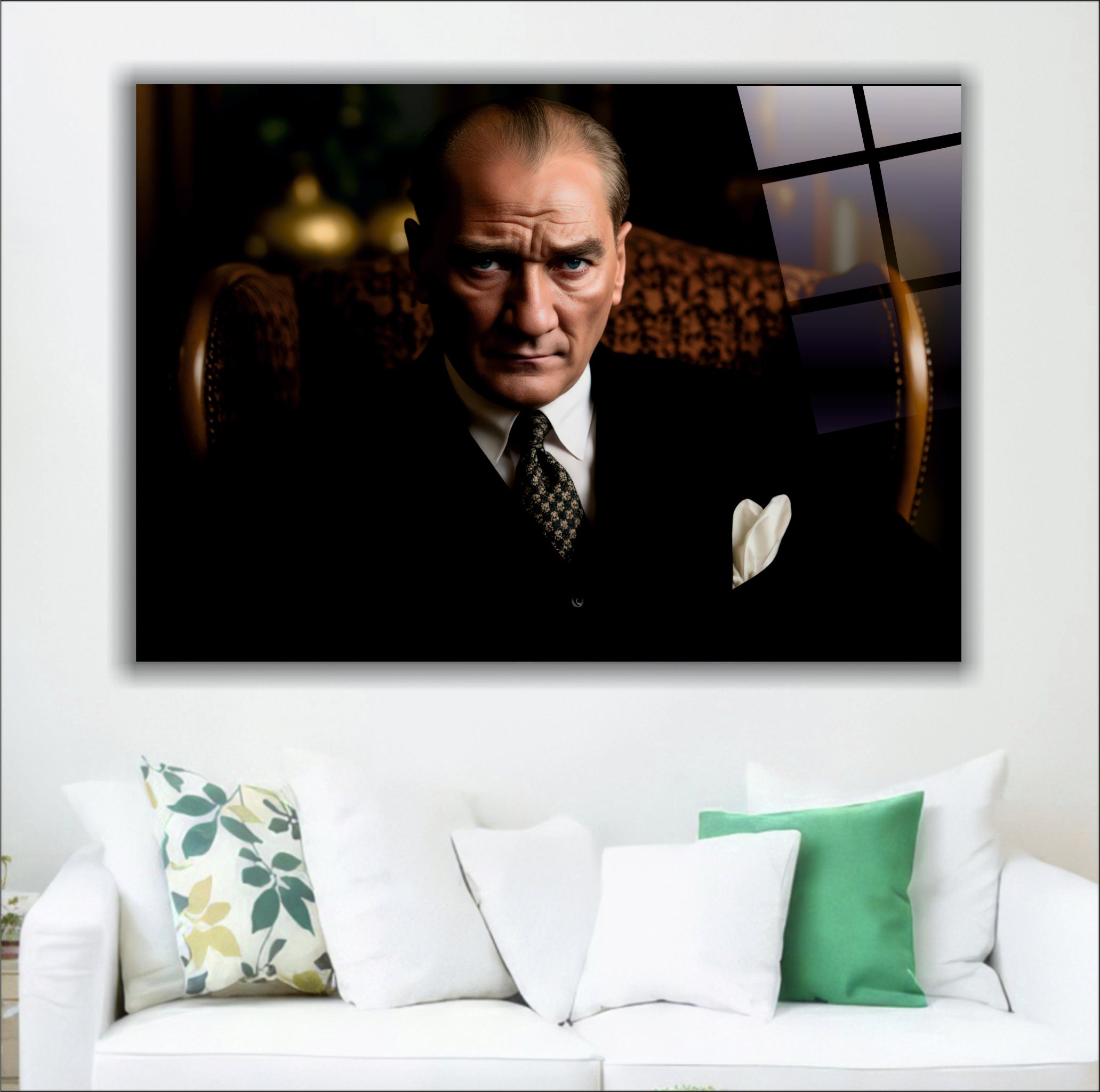 Atatürk Cam Tablo-Vakur Portre Yatay Cam Tablo - Lüks Ofis Dekorasyonu