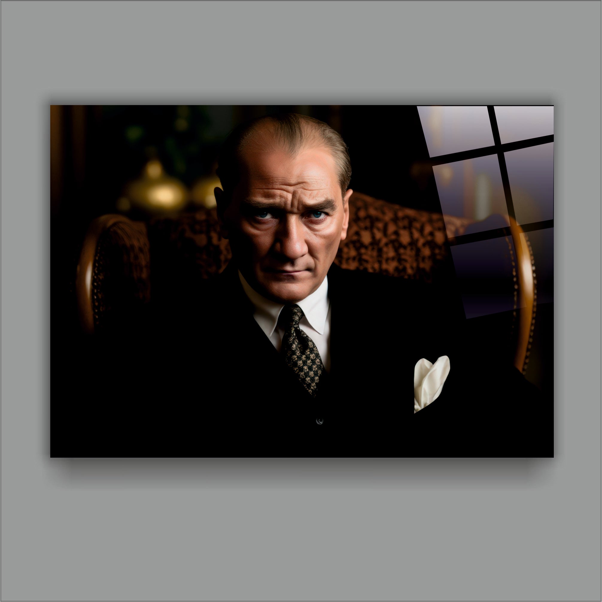 Atatürk Cam Tablo-Vakur Portre Yatay Cam Tablo - Lüks Ofis Dekorasyonu
