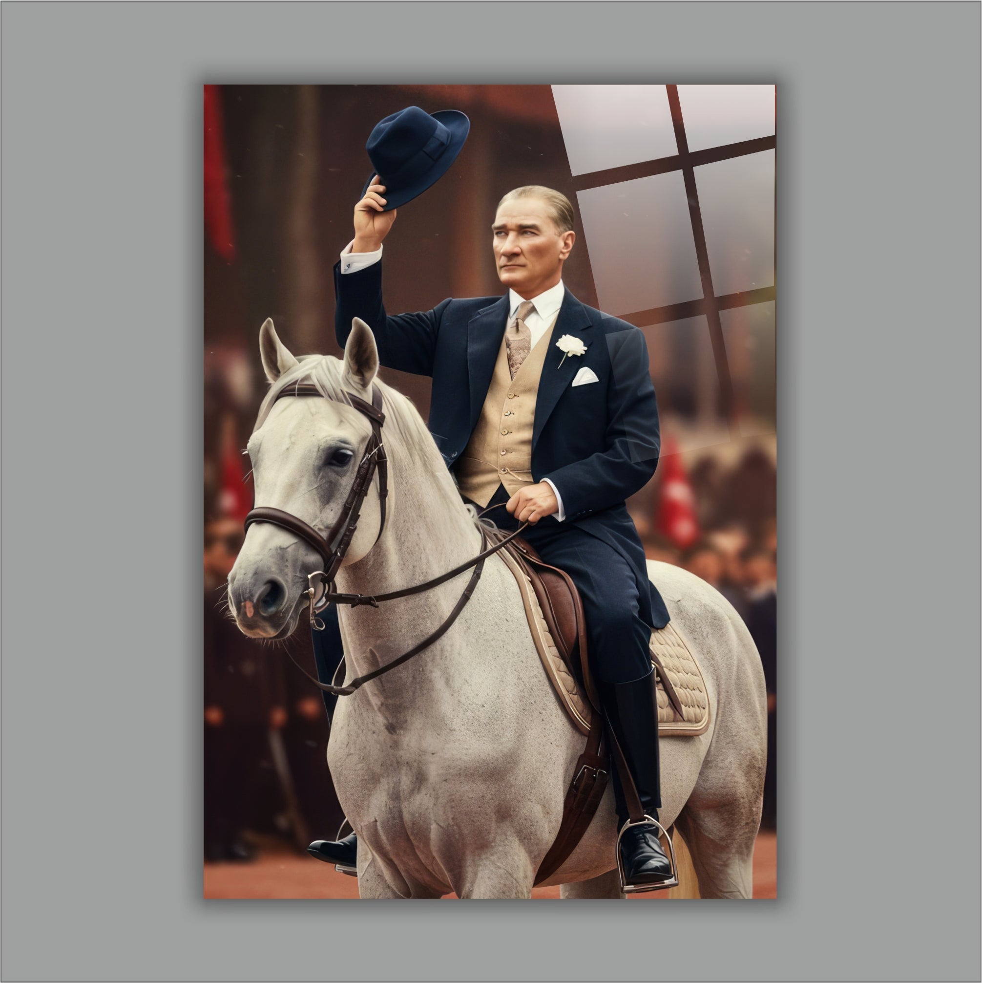 Atatürk Cam Tablo | Atatürk Beyaz At Üstünde  - Epik Cumhuriyet Dekoru