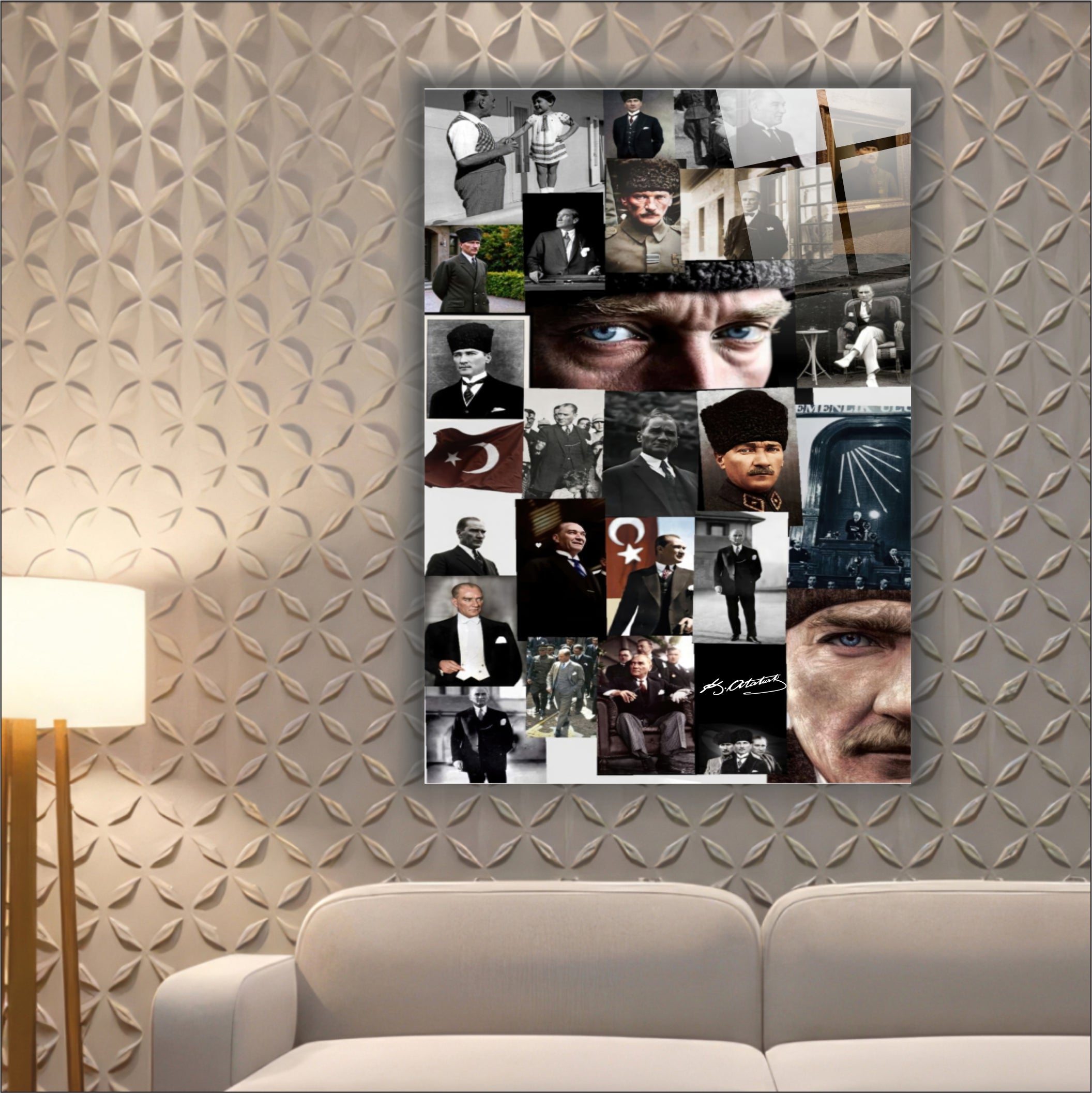 Atatürk Cam Tablo-Atatürk Çoklu Portre Kolaj- Nostaljik Özel Seri