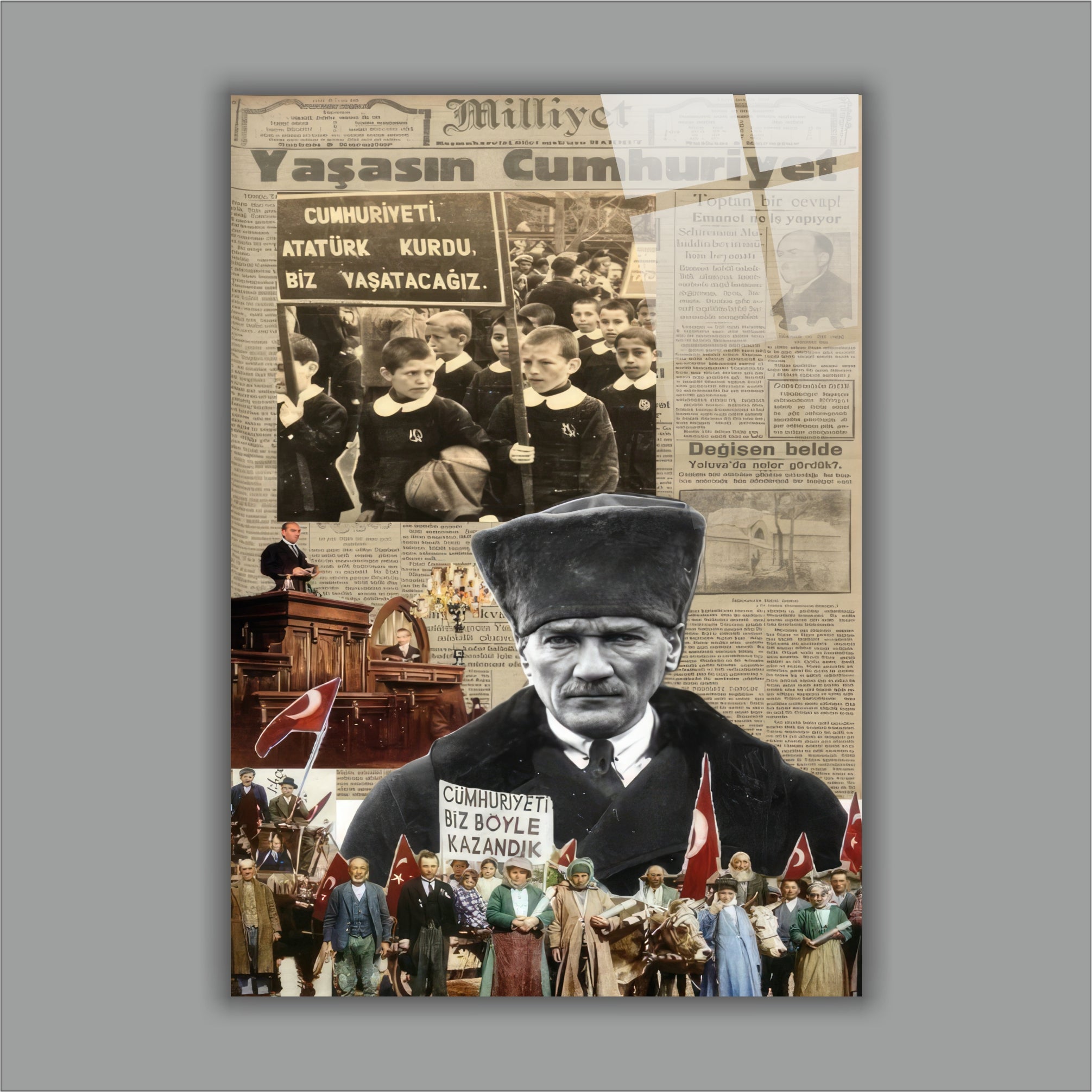 Atatürk Cam Tablo-Cumhuriyetin Kuruluşu Gazete Kupürü Kolaj Cam Tablo