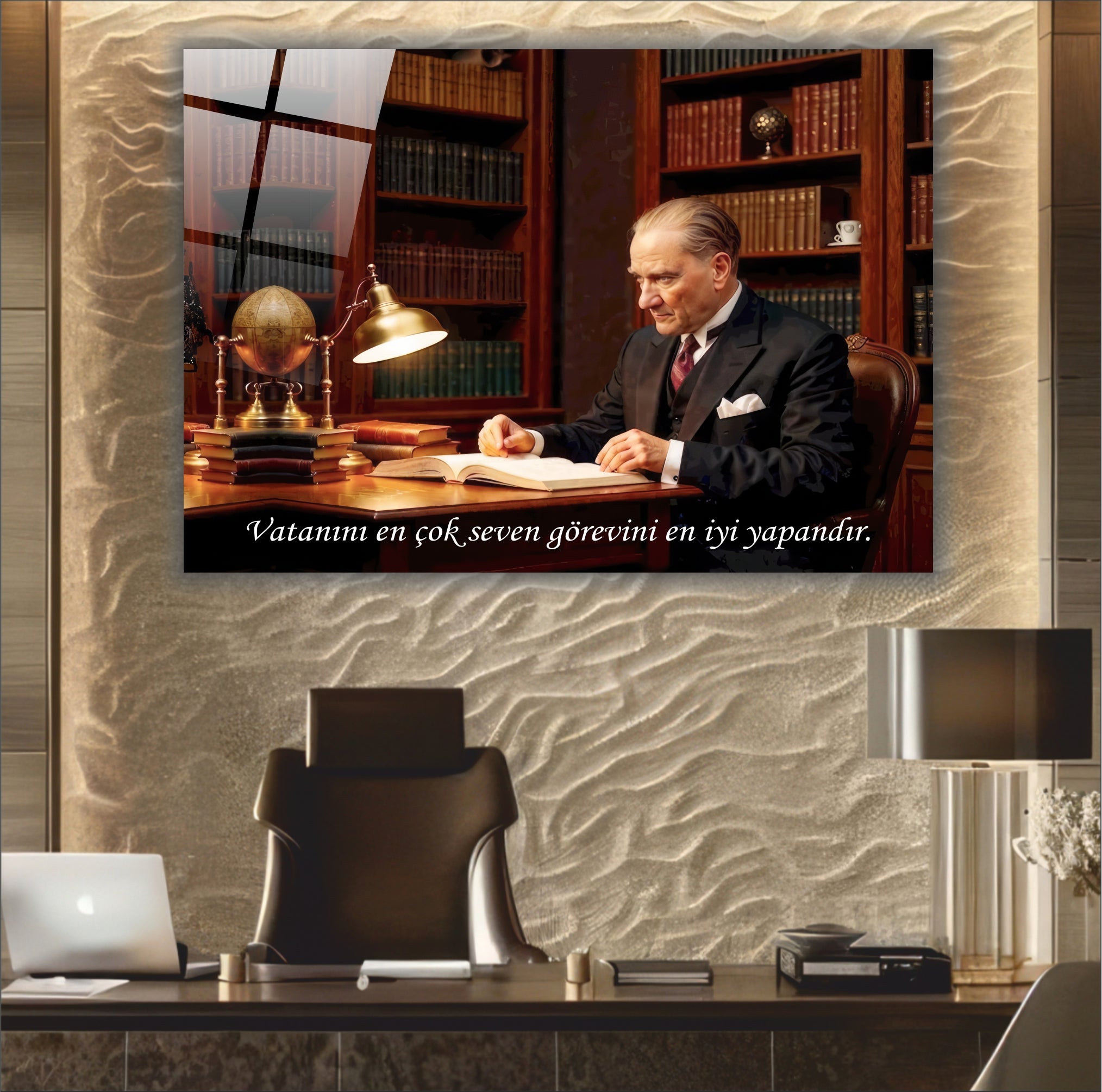 Atatürk Cam Tablo-Atatürk Vatanını En Çok Seven Sözlü Cam Tablo - Ofis Dekoru