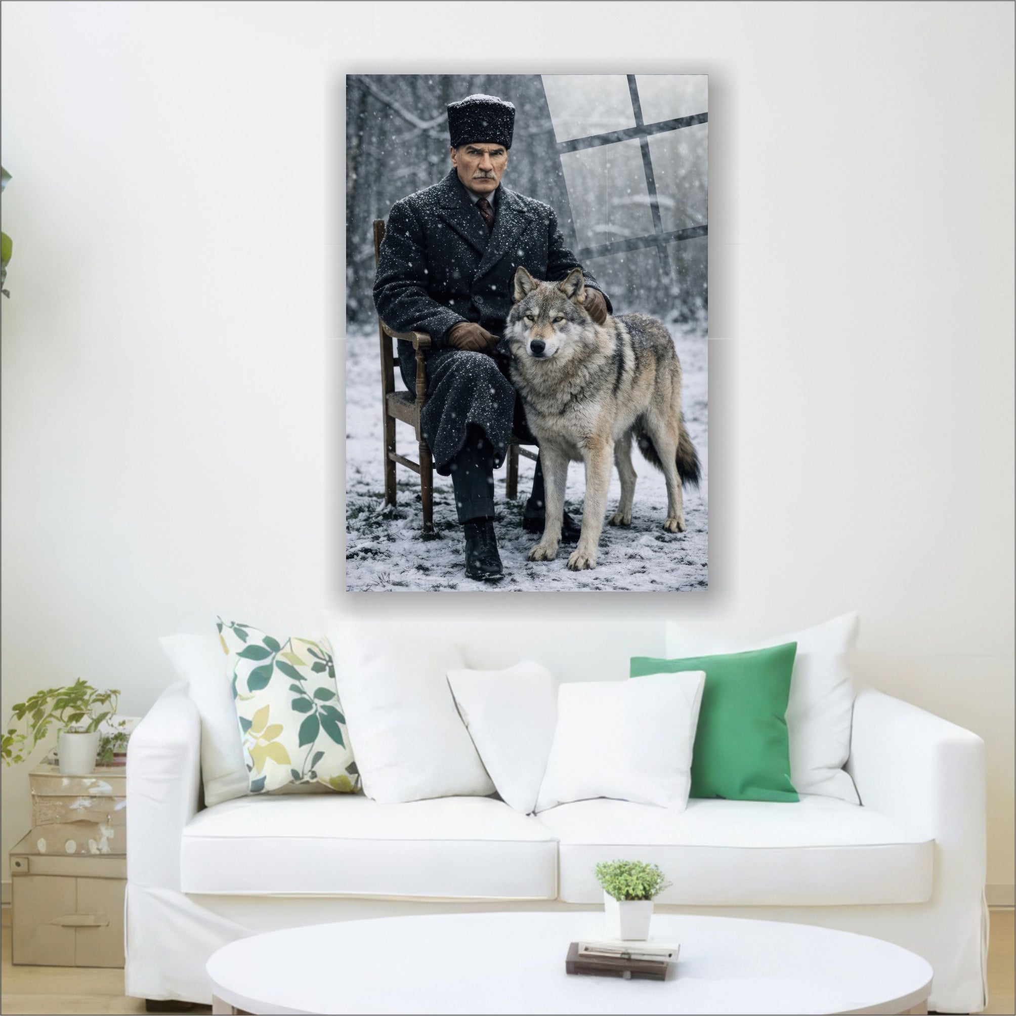 Atatürk Cam Tablo-Atatürk ve Kurt Temalı-Epik Türk Mitolojisi Dekoru