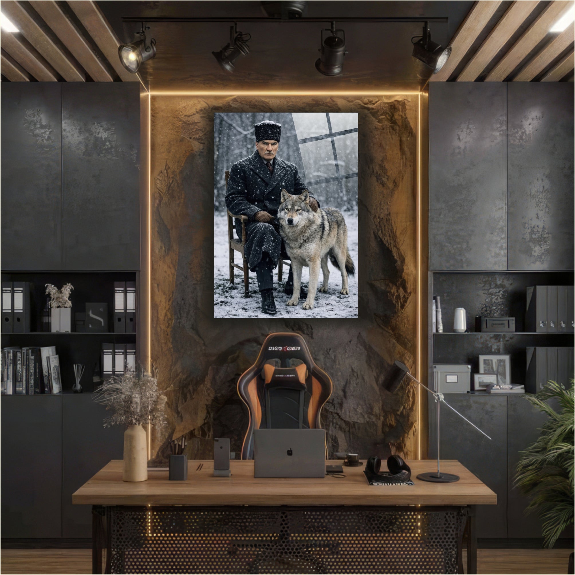 Atatürk Cam Tablo-Atatürk ve Kurt Temalı-Epik Türk Mitolojisi Dekoru