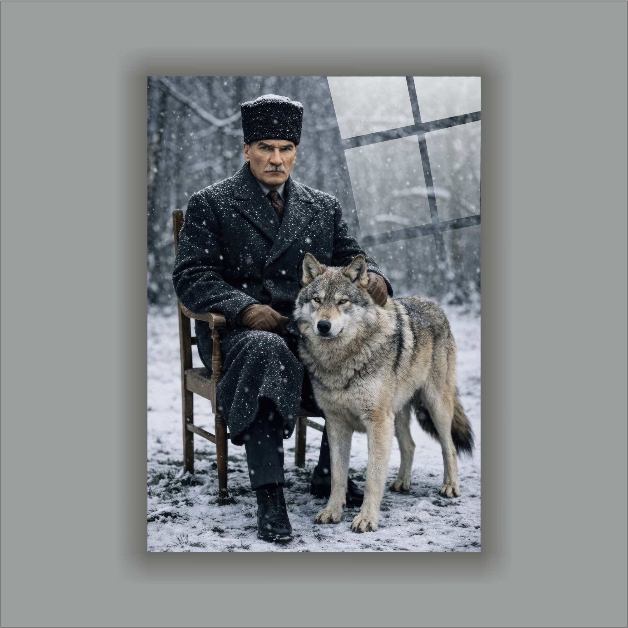 Atatürk Cam Tablo-Atatürk ve Kurt Temalı-Epik Türk Mitolojisi Dekoru