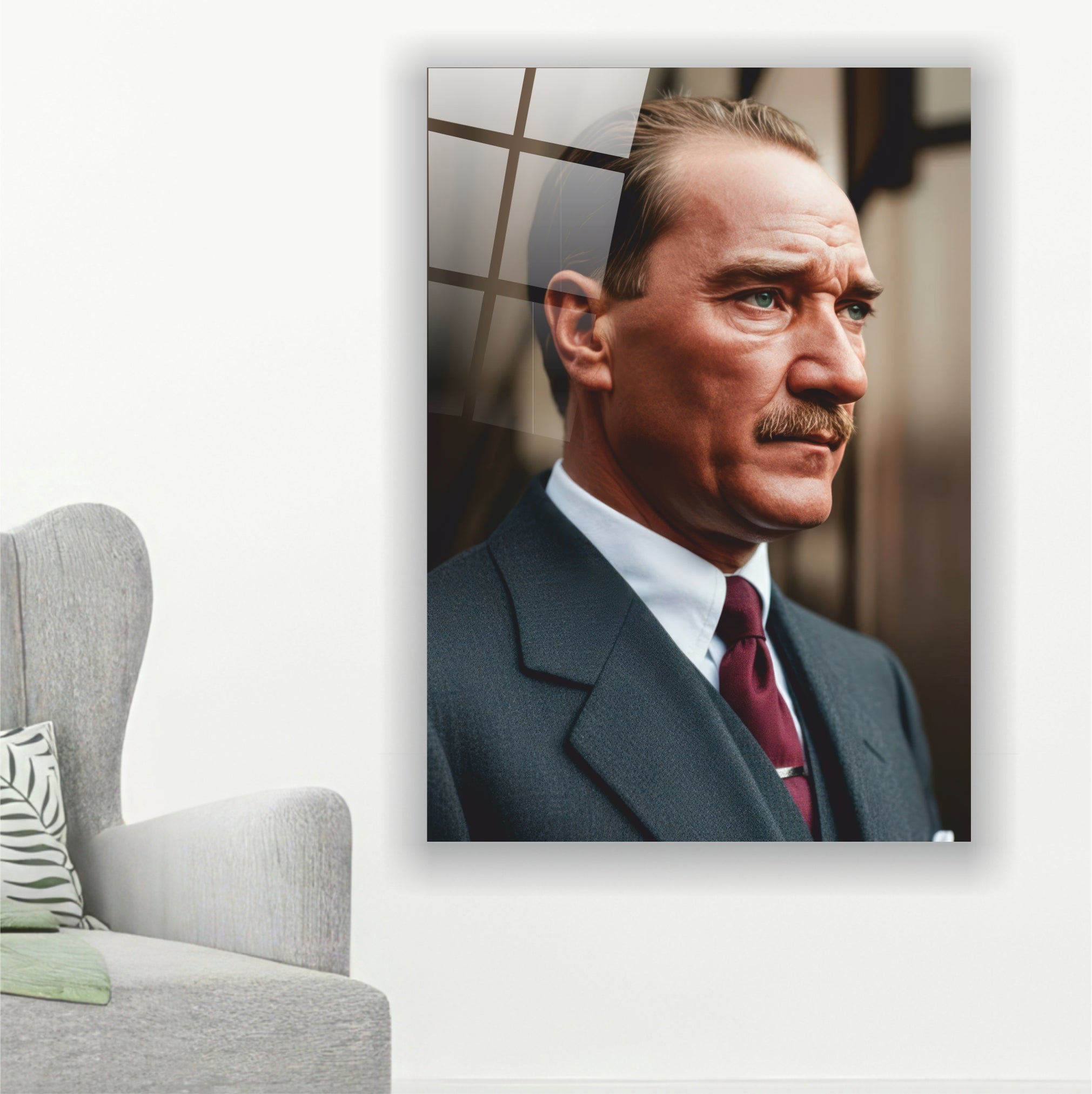Atatürk Cam Tablo-Atatürk Vakur Portre Cam Tablo - Lüks Ofis ve Salon Dekoru