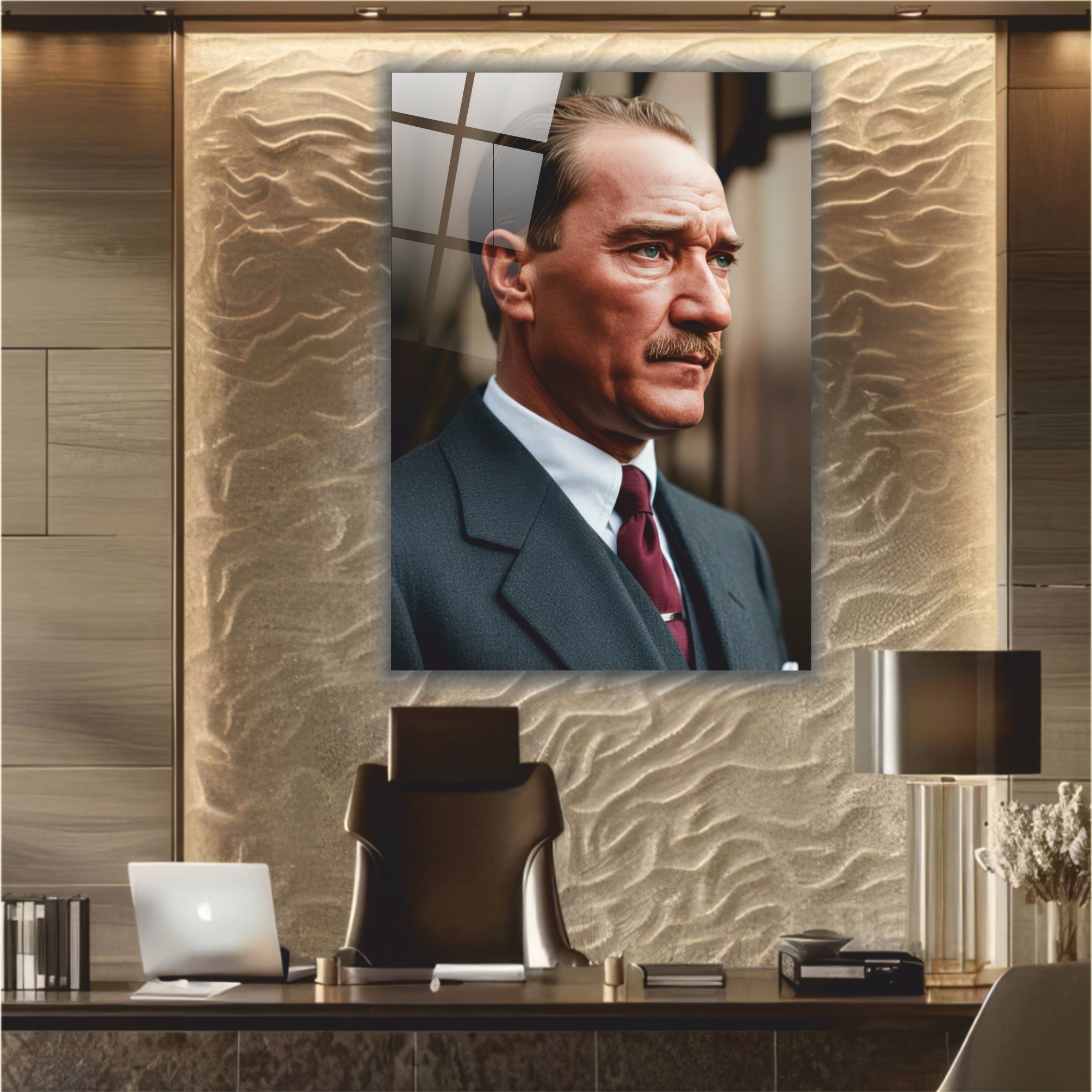 Atatürk Cam Tablo-Atatürk Vakur Portre Cam Tablo - Lüks Ofis ve Salon Dekoru