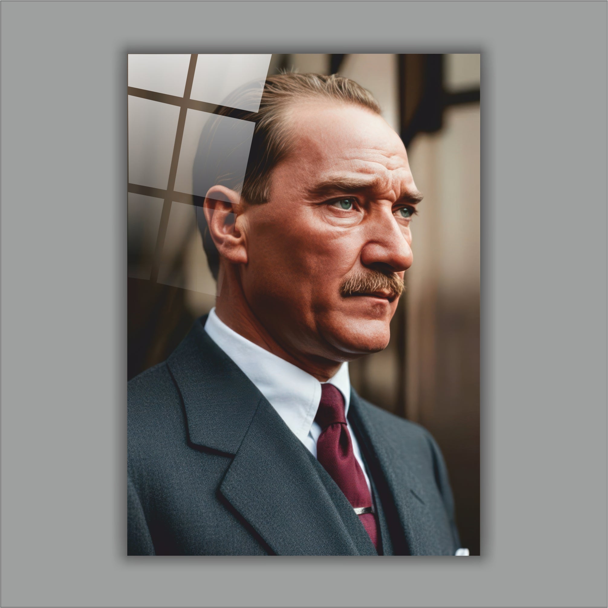 Atatürk Cam Tablo-Atatürk Vakur Portre Cam Tablo - Lüks Ofis ve Salon Dekoru