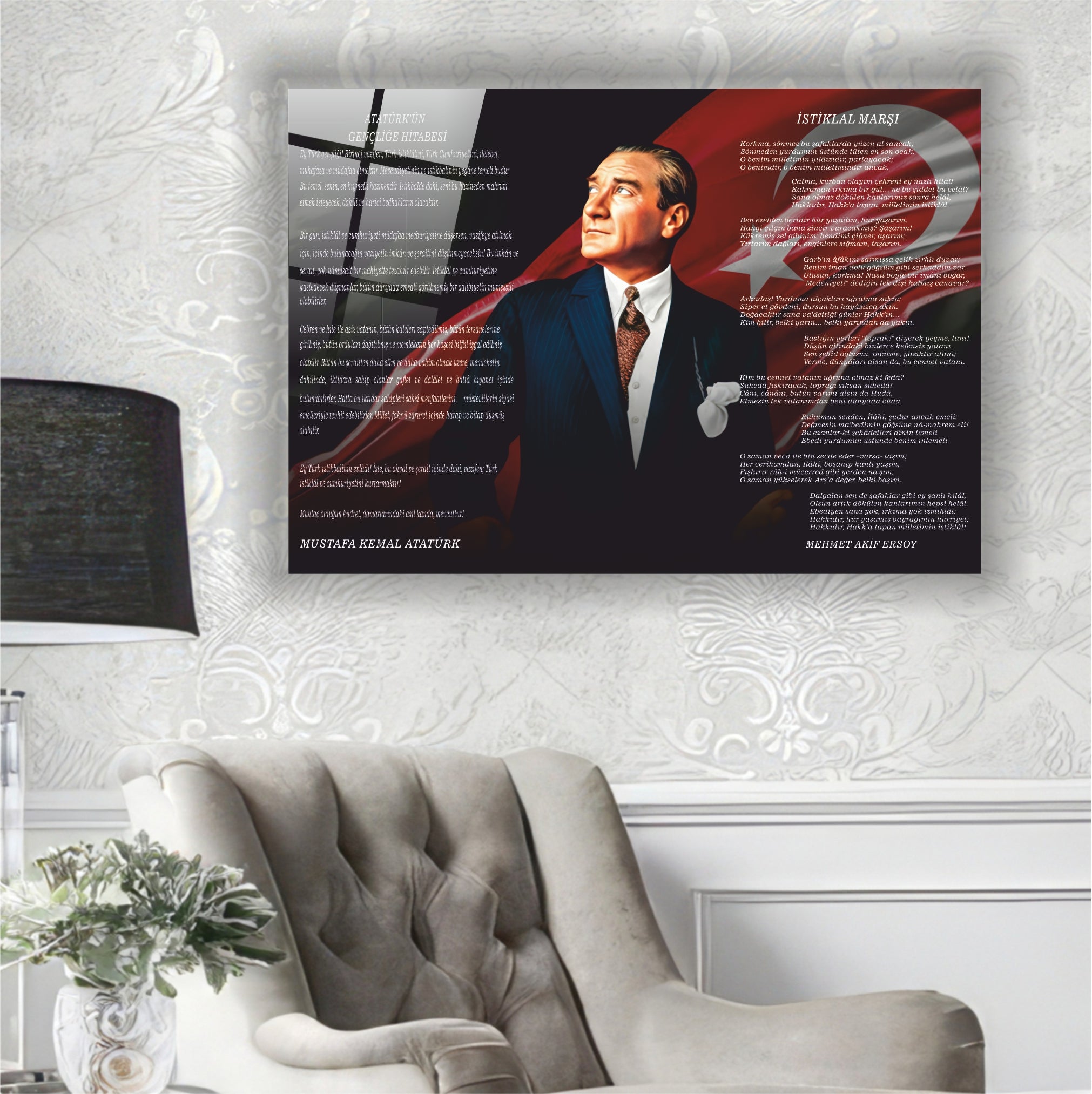 Atatürk Cam Tablo-İstiklal Marşı ve Gençliğe Hitabe Cam Tablo - Okul ve Ofis Dekoru