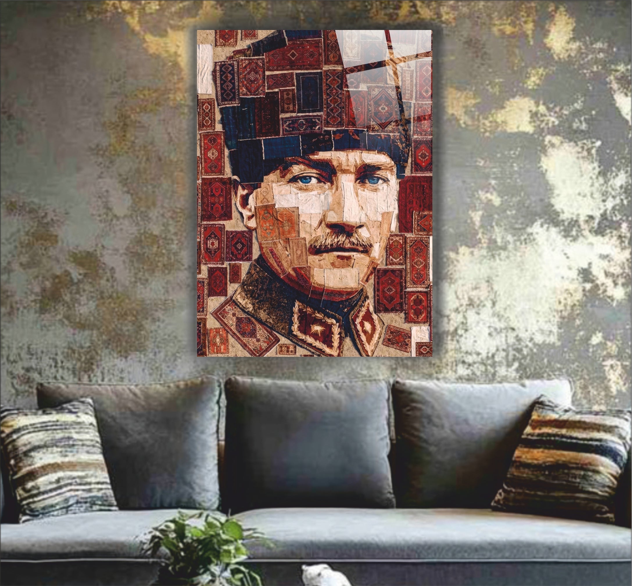 Atatürk Cam Tablo-Atatürk Mozaik Halı Desenli- Etnik Sanat Serisi