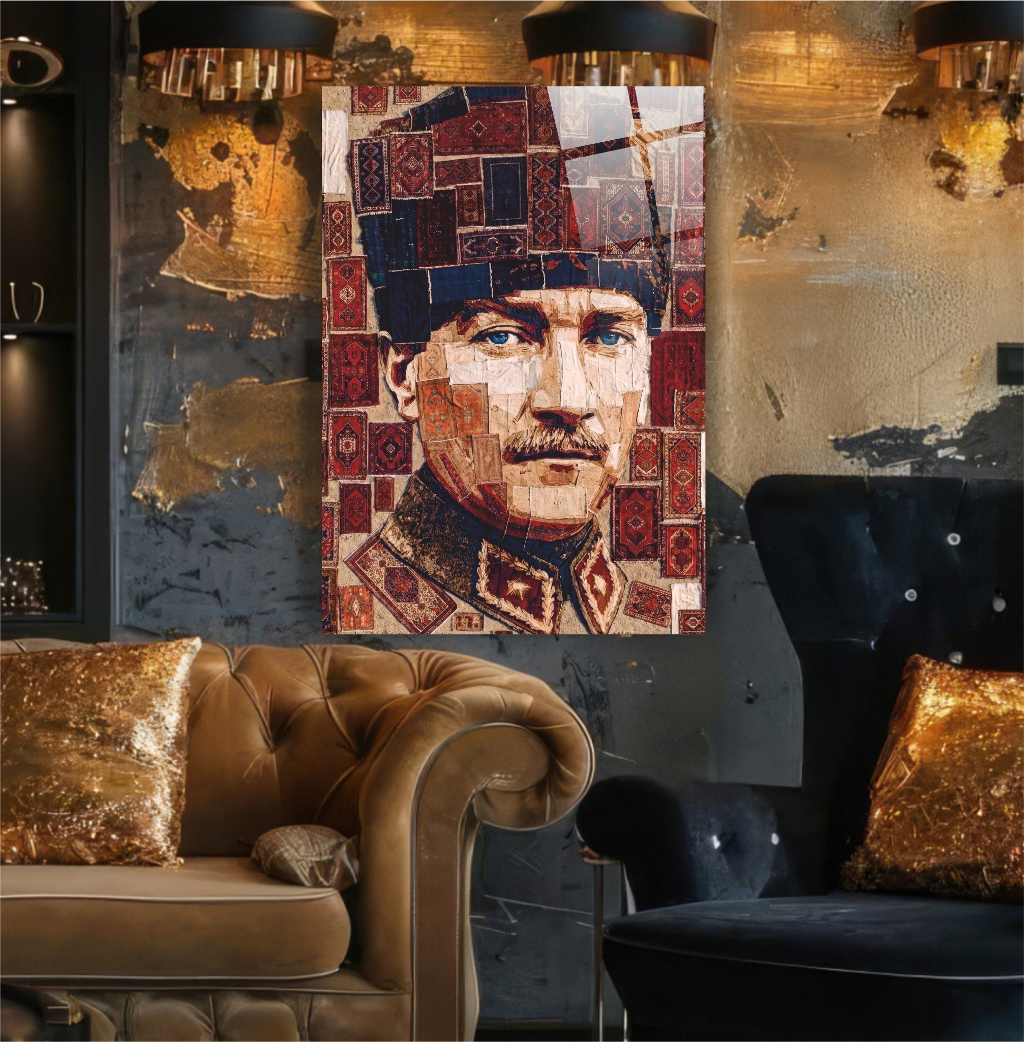 Atatürk Cam Tablo-Atatürk Mozaik Halı Desenli- Etnik Sanat Serisi