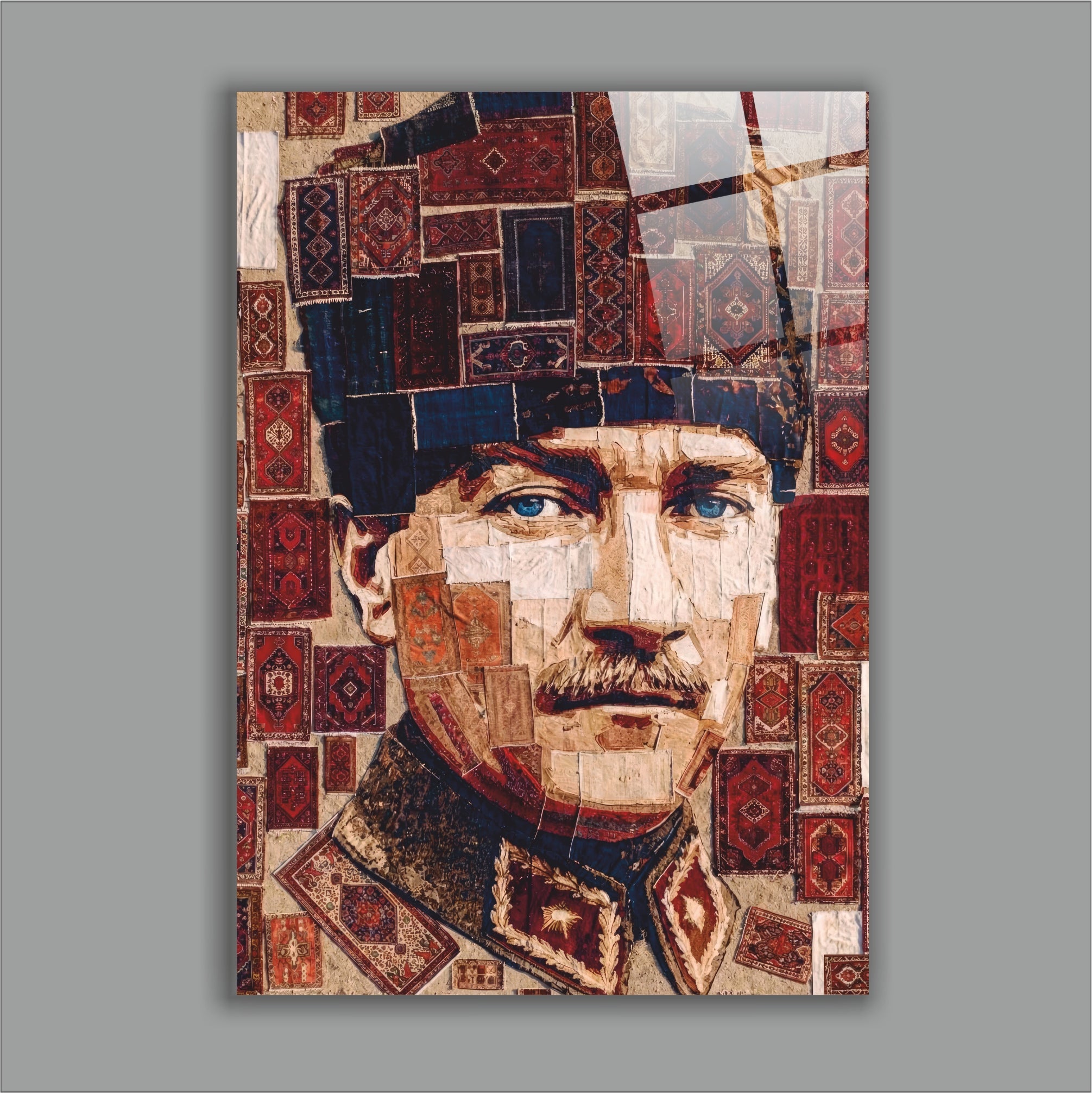 Atatürk Cam Tablo-Atatürk Mozaik Halı Desenli- Etnik Sanat Serisi