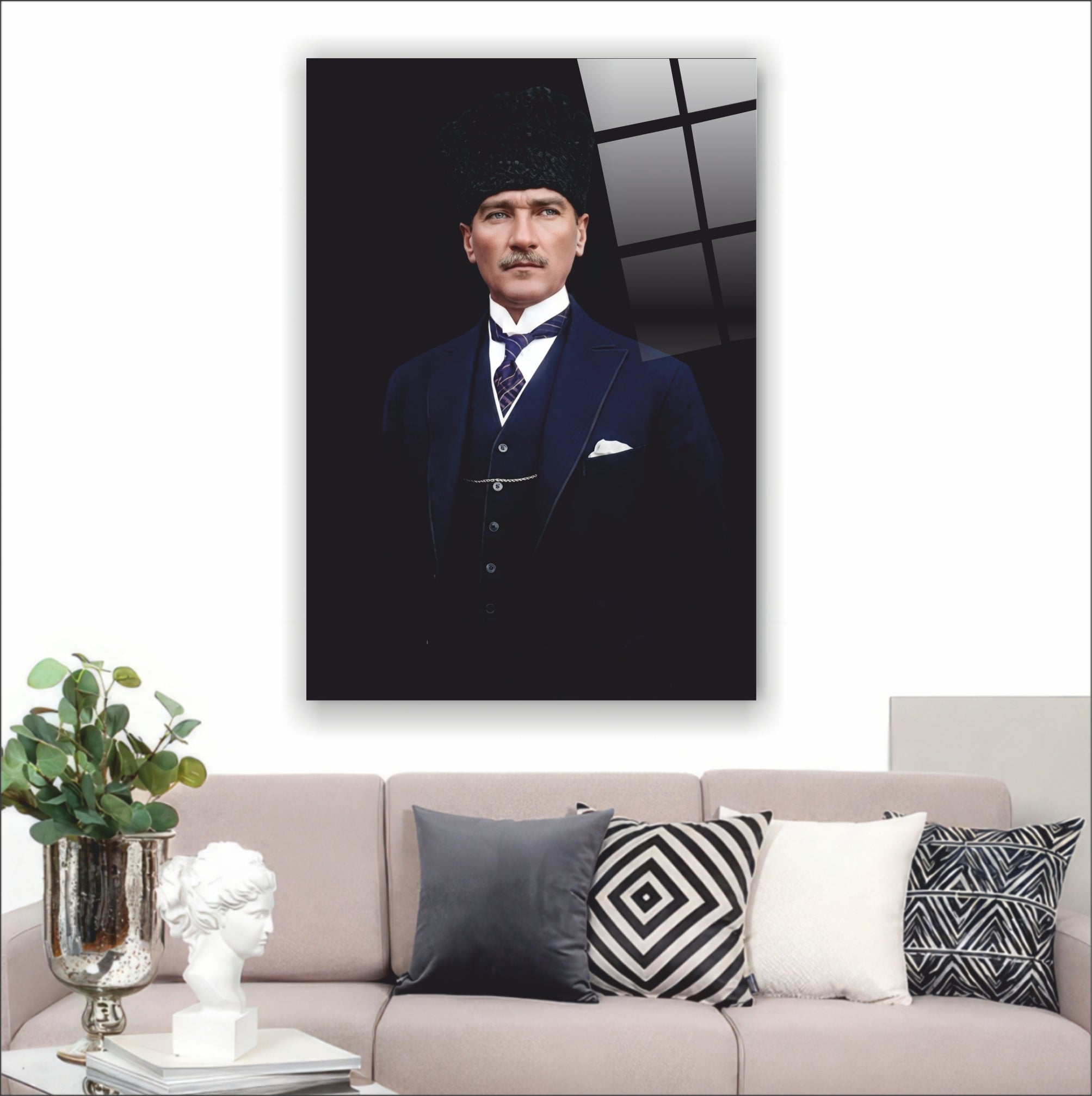 Atatürk Cam Tablo-Atatürk Lacivert Takım Elbiseli ve Kalpaklı Cam Tablo - Karizmatik Seri