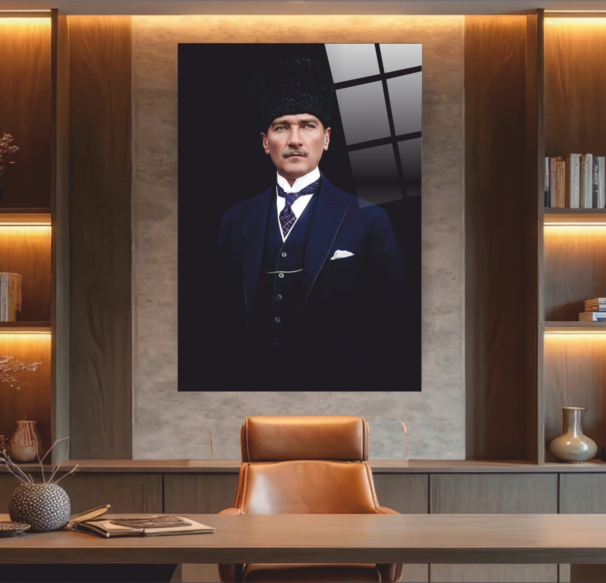 Atatürk Cam Tablo-Atatürk Lacivert Takım Elbiseli ve Kalpaklı Cam Tablo - Karizmatik Seri