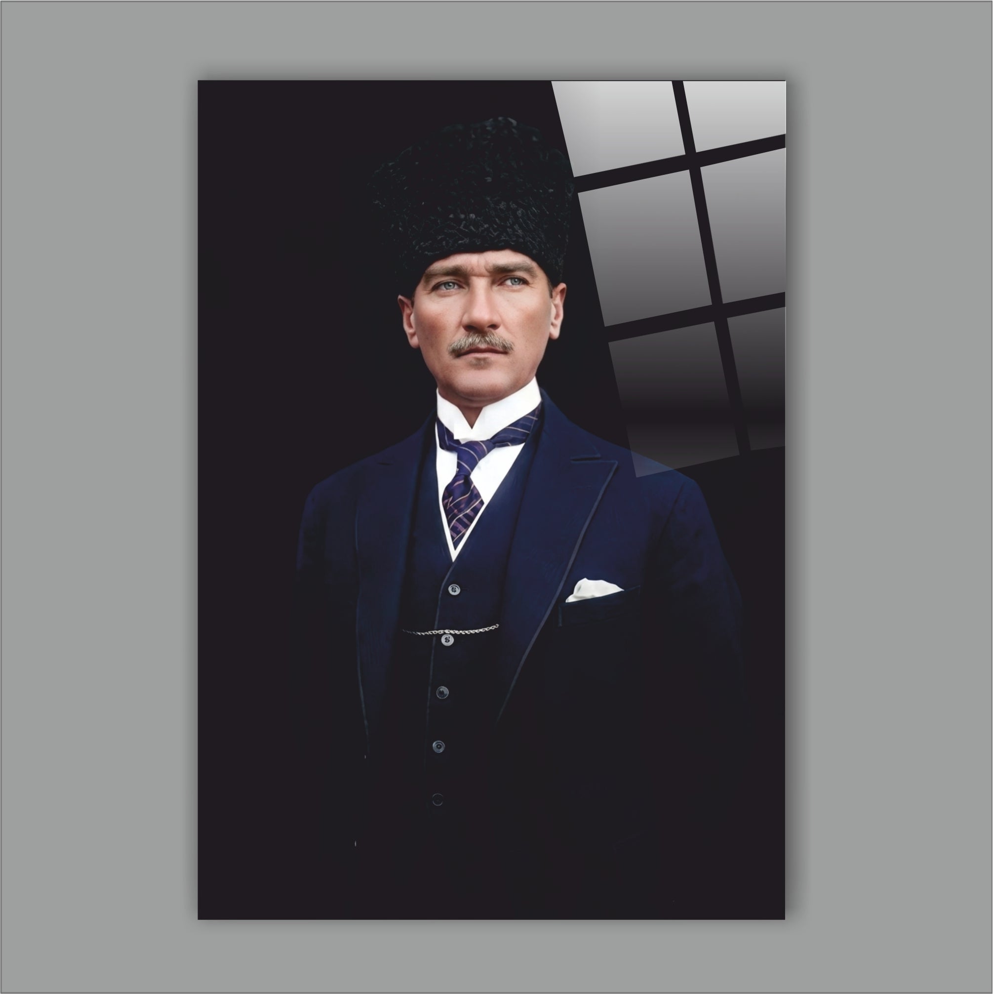 Atatürk Cam Tablo-Atatürk Lacivert Takım Elbiseli ve Kalpaklı Cam Tablo - Karizmatik Seri