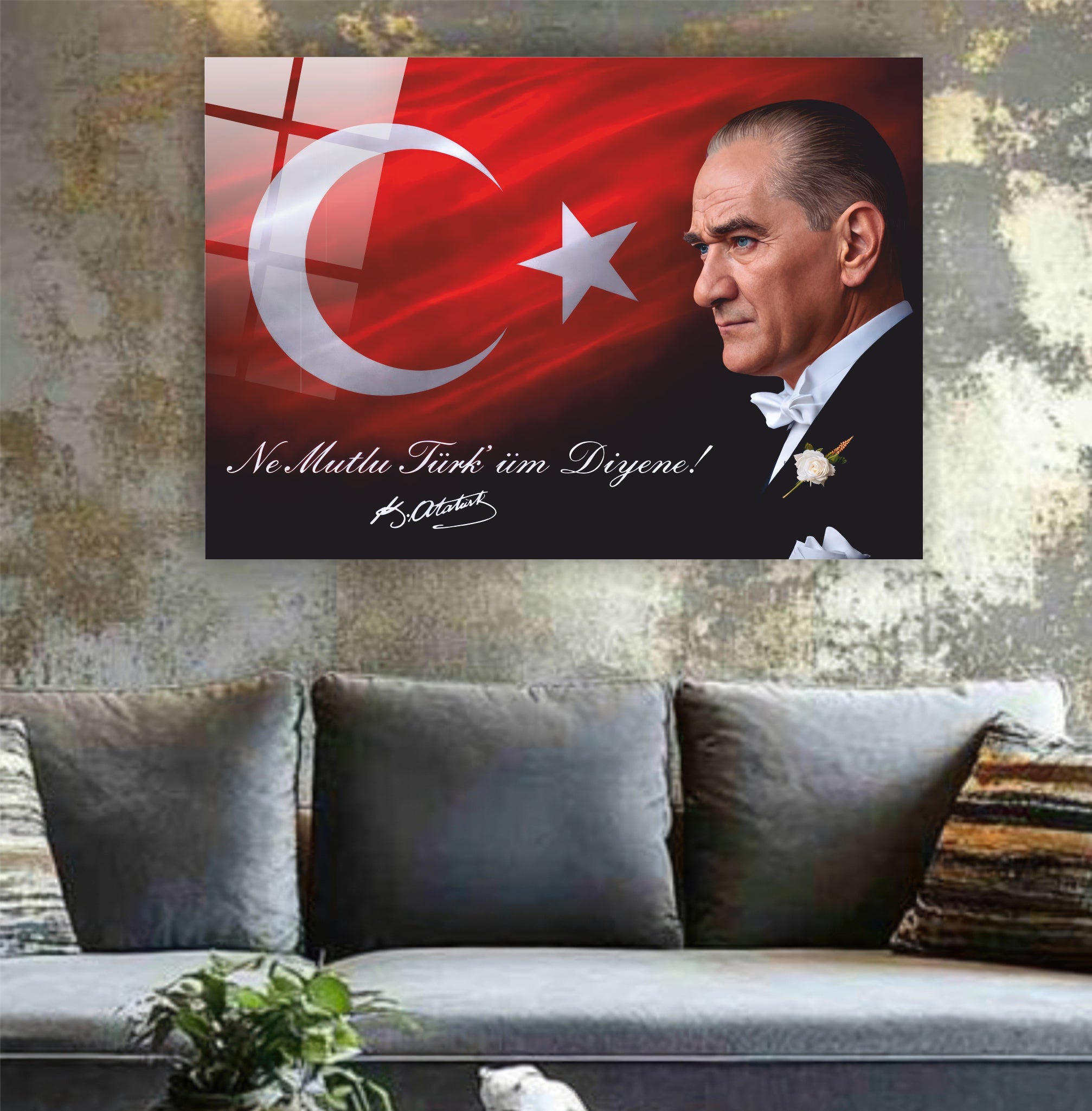 Atatürk Cam Tablo-Atatürk "Ne Mutlu Türk'üm Diyene"Türk Bayrağı Temalı