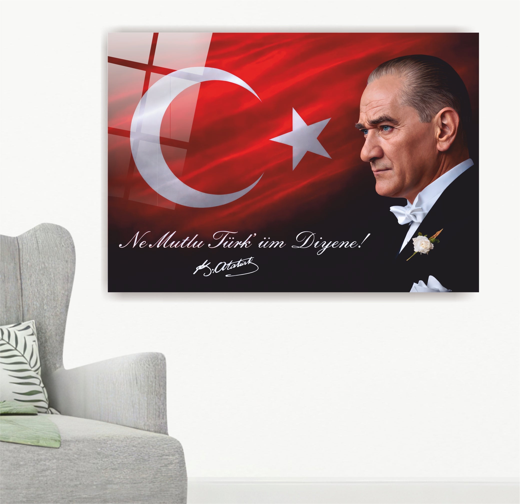Atatürk Cam Tablo-Atatürk "Ne Mutlu Türk'üm Diyene"Türk Bayrağı Temalı