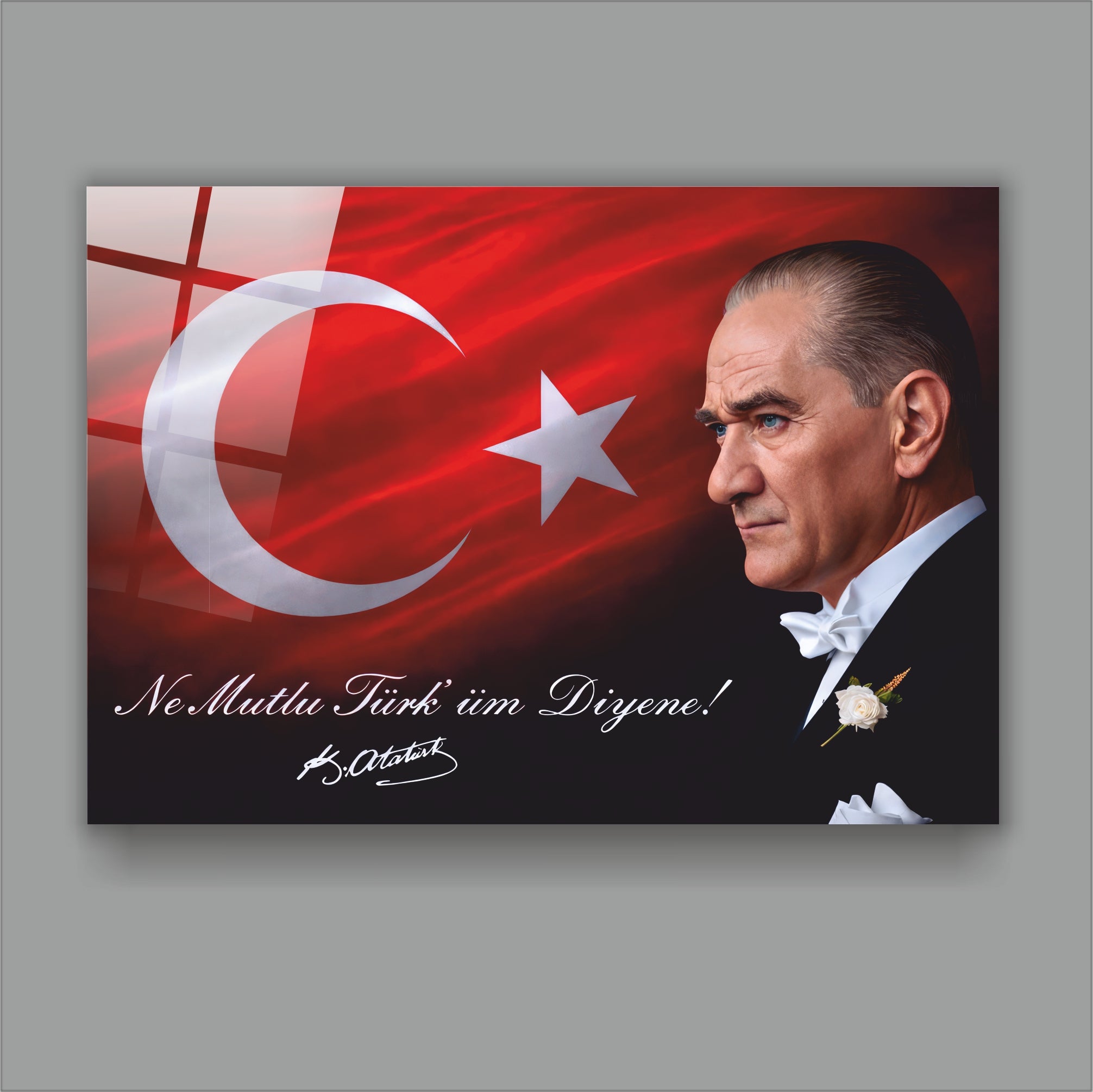 Atatürk Cam Tablo-Atatürk "Ne Mutlu Türk'üm Diyene"Türk Bayrağı Temalı