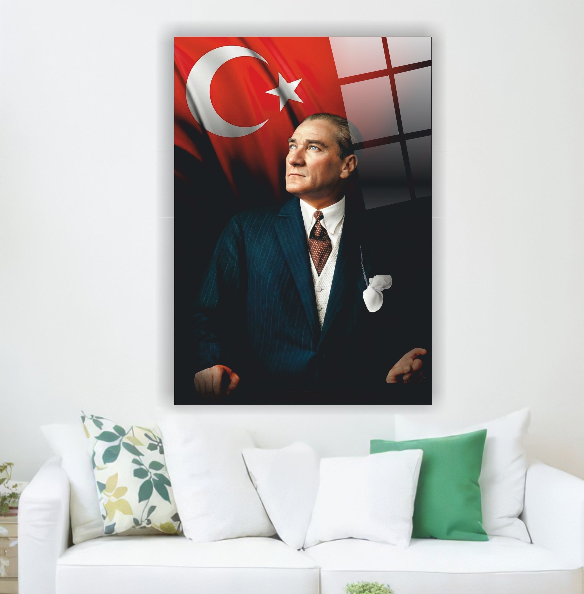 Atatürk Cam Tablo Atatürk Türk Bayrağı Temalı-Modern Fraklı Portre Serisi