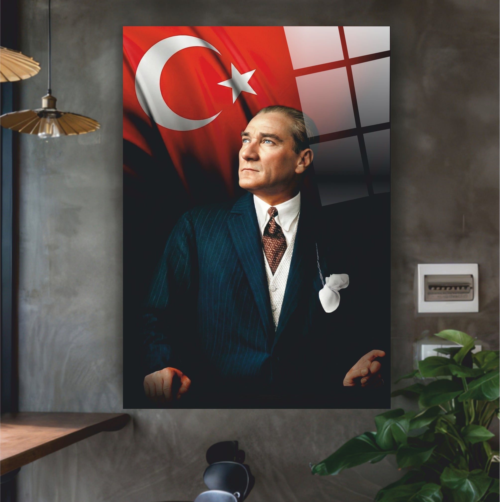Atatürk Cam Tablo Atatürk Türk Bayrağı Temalı-Modern Fraklı Portre Serisi