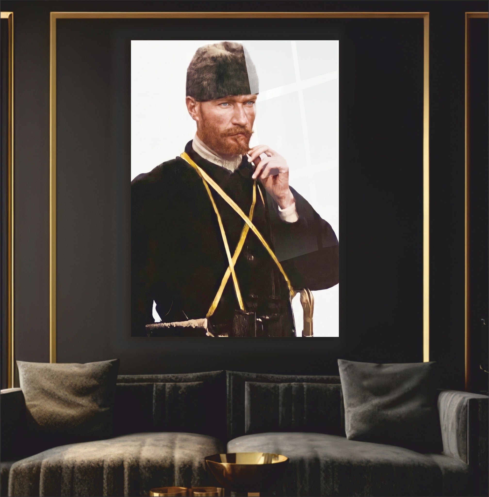 Atatürk Cam Tablo Atatürk Kızıl Sakallı ve Kalpaklı- Nadir Tarihi Portre Serisi