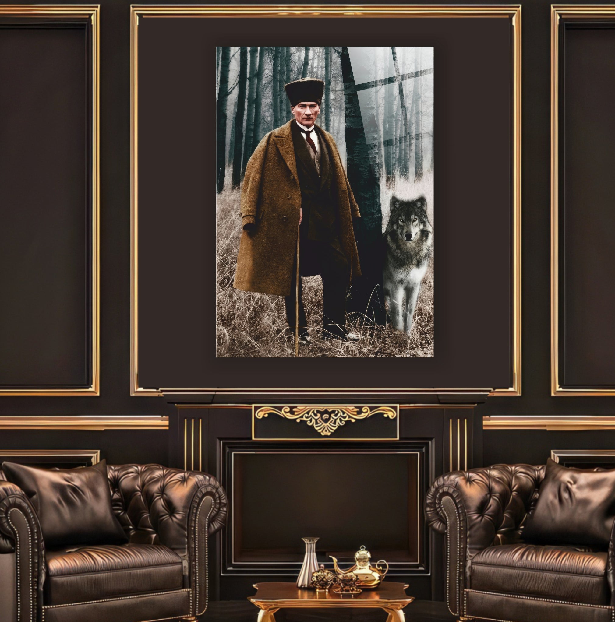 Atatürk Cam Tablo Atatürk ve Bozkurt Temalı-Orman Serisi Özel Tasarım