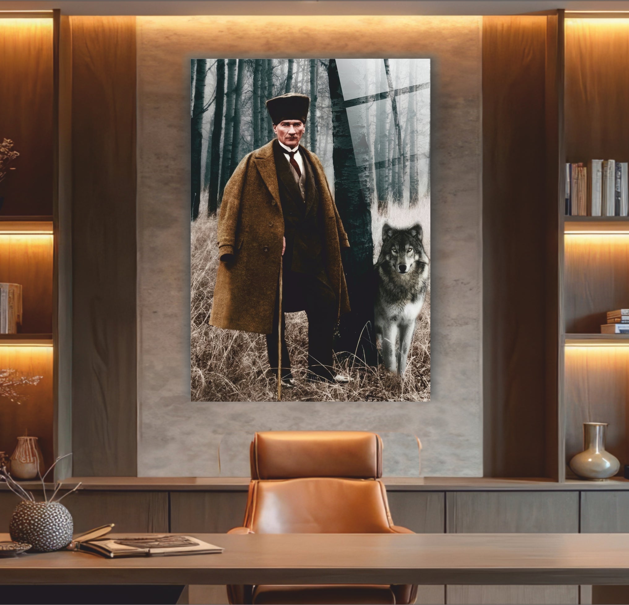 Atatürk Cam Tablo Atatürk ve Bozkurt Temalı-Orman Serisi Özel Tasarım