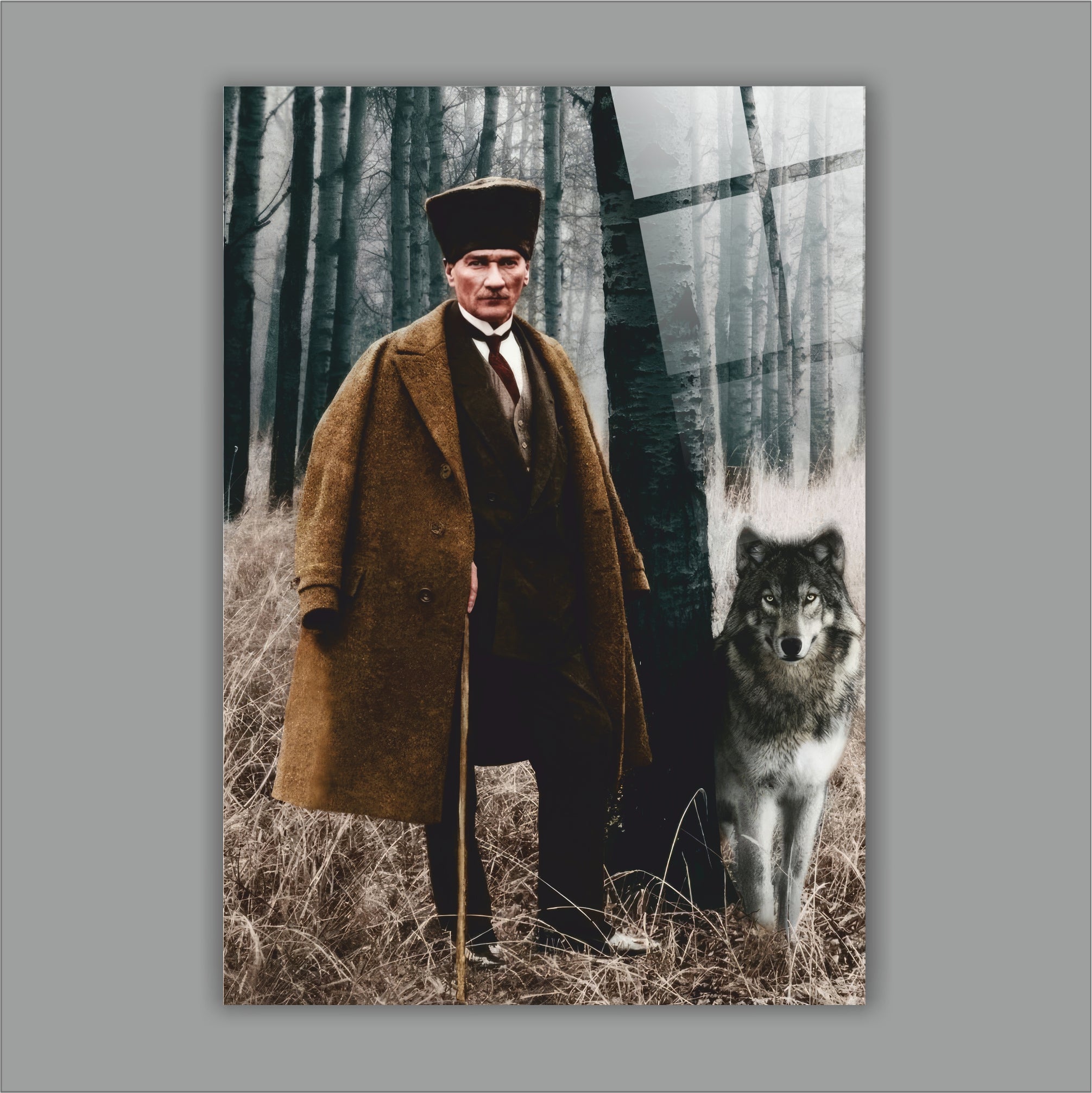 Atatürk Cam Tablo Atatürk ve Bozkurt Temalı-Orman Serisi Özel Tasarım