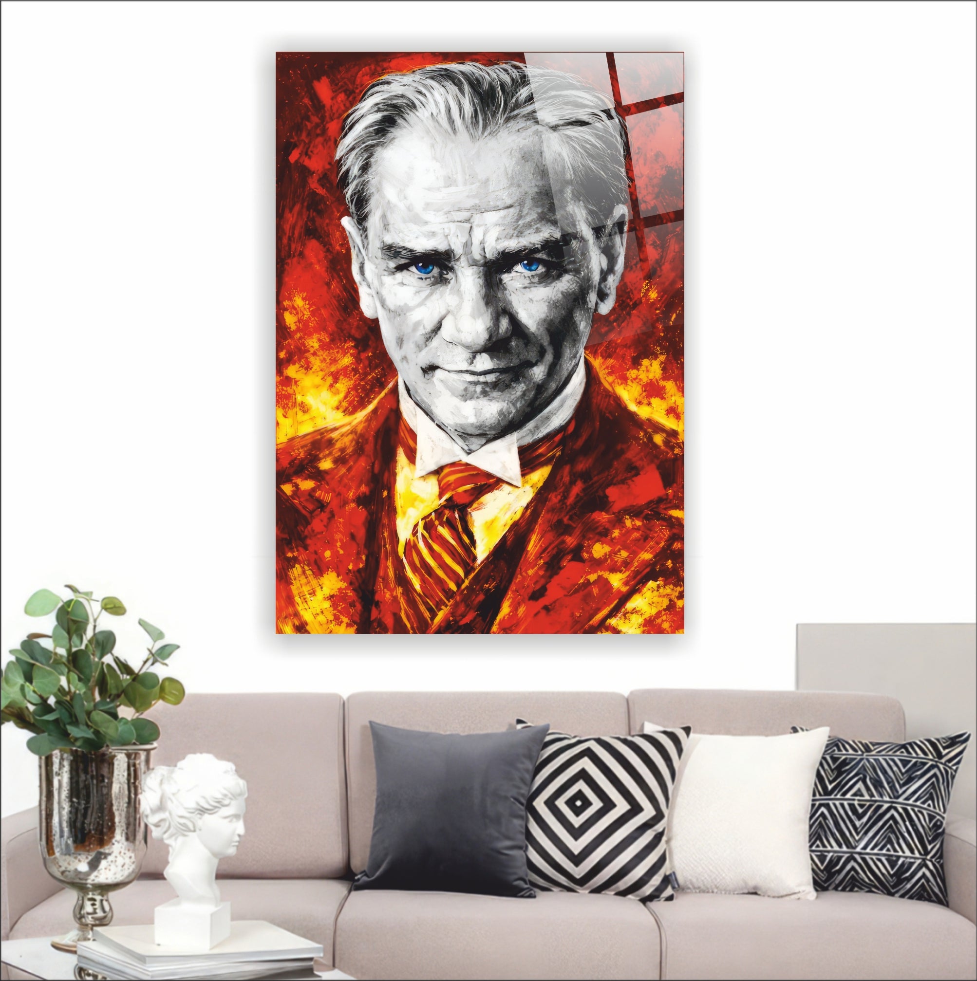 Atatürk Cam Tablo-Atatürk sarı kırmızı Yağlı Boya Efektli Canlı Renkler