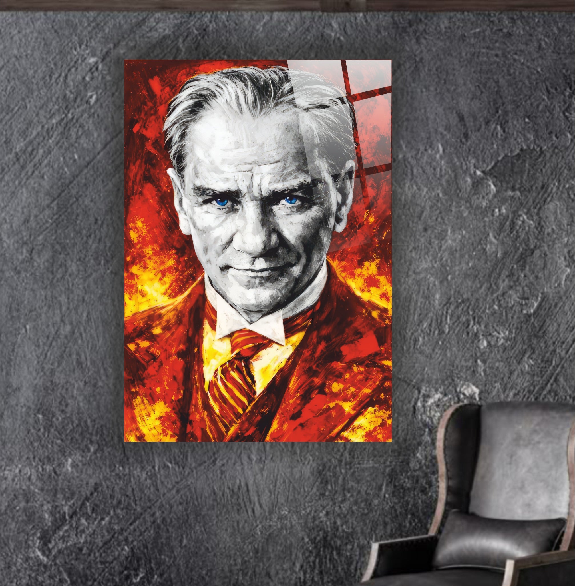 Atatürk Cam Tablo-Atatürk sarı kırmızı Yağlı Boya Efektli Canlı Renkler