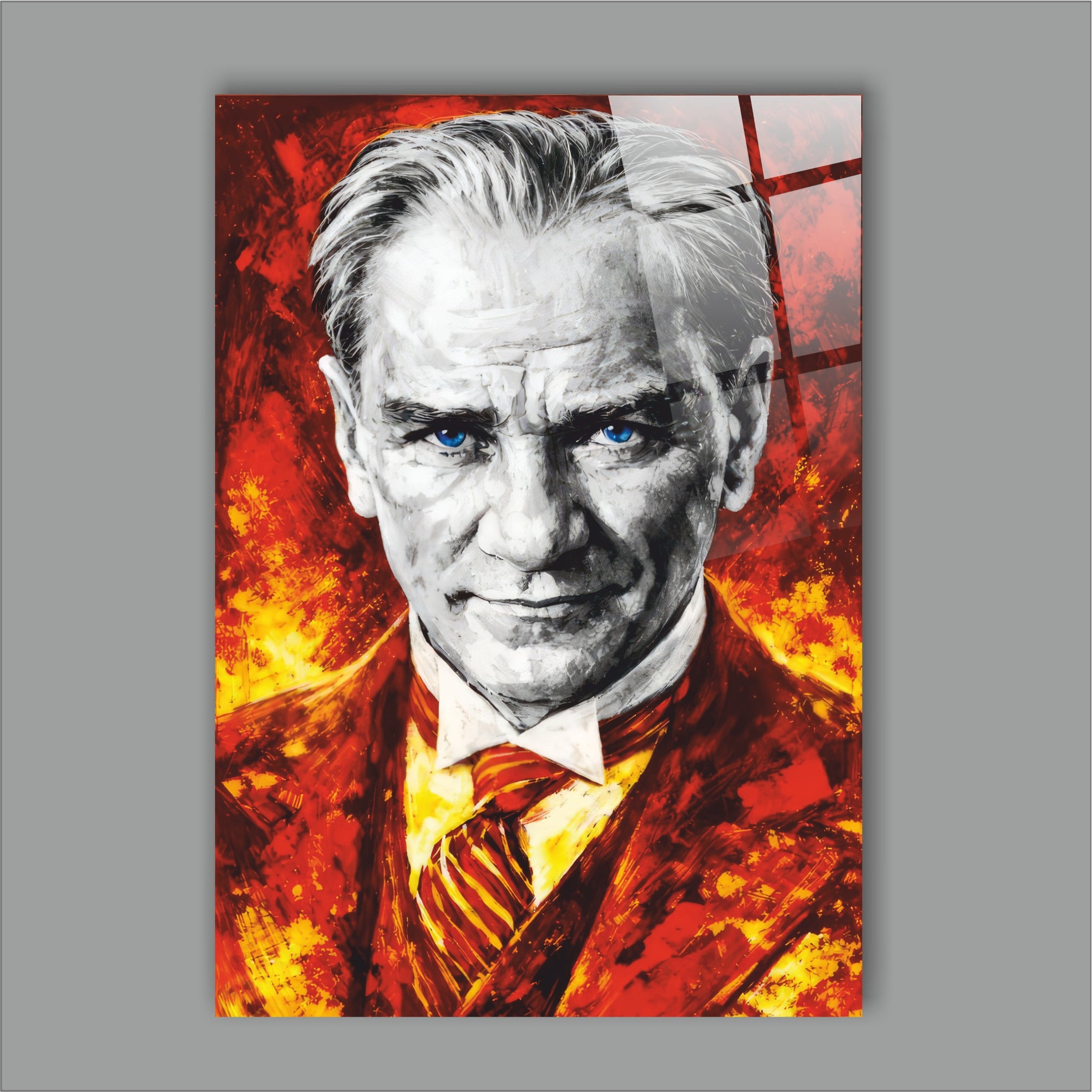Atatürk Cam Tablo-Atatürk sarı kırmızı Yağlı Boya Efektli Canlı Renkler