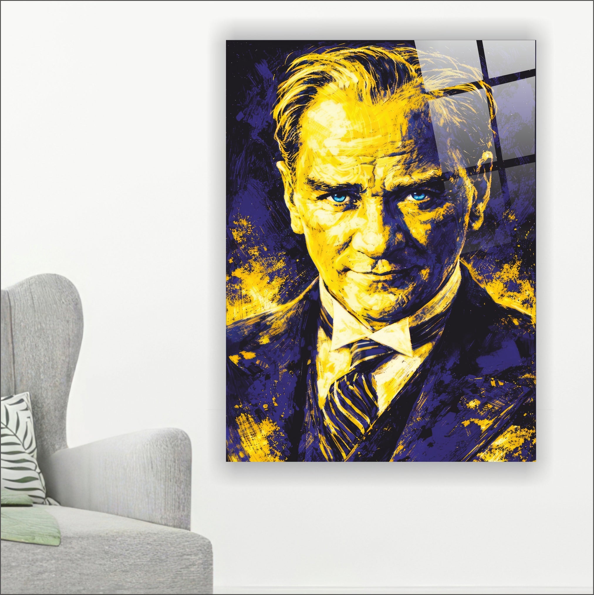 Atatürk Cam Tablo Lacivert ve Altın Sarı Yağlı Boya Efektli