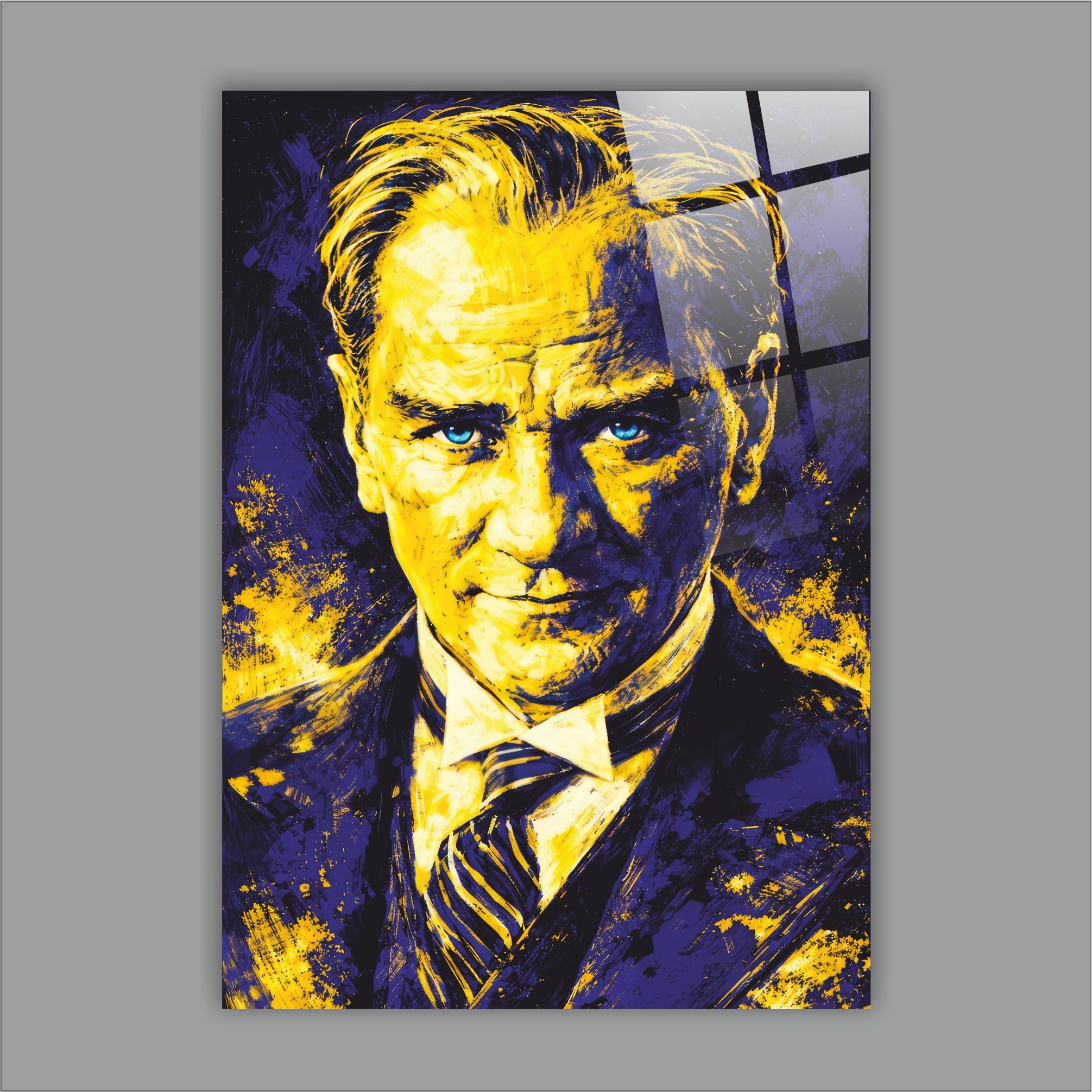 Atatürk Cam Tablo Lacivert ve Altın Sarı Yağlı Boya Efektli
