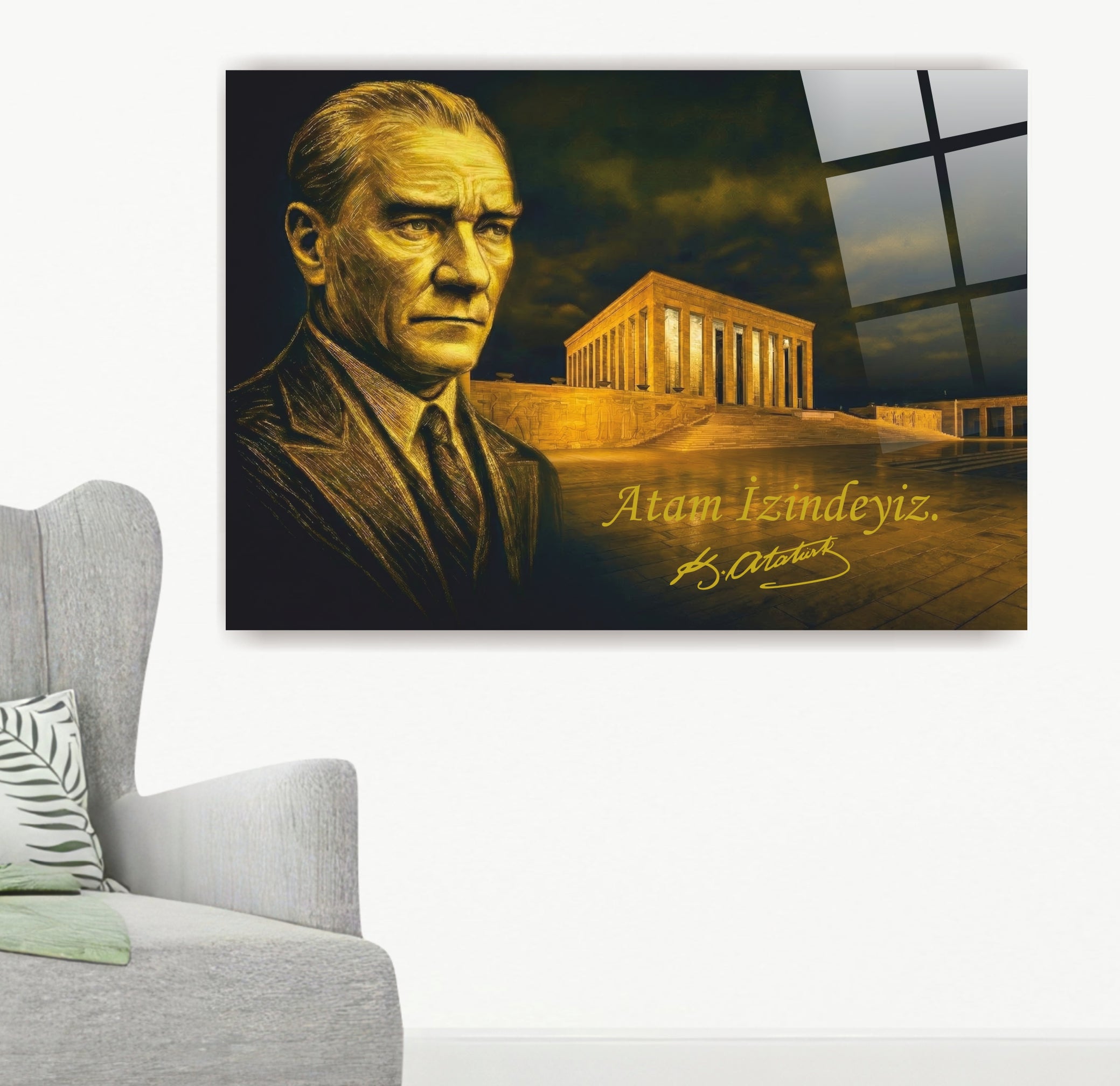 Atatürk Cam Tablo "Atam İzindeyiz" Yazılı Anıtkabir ve Atatürk- Gold Özel Serisi