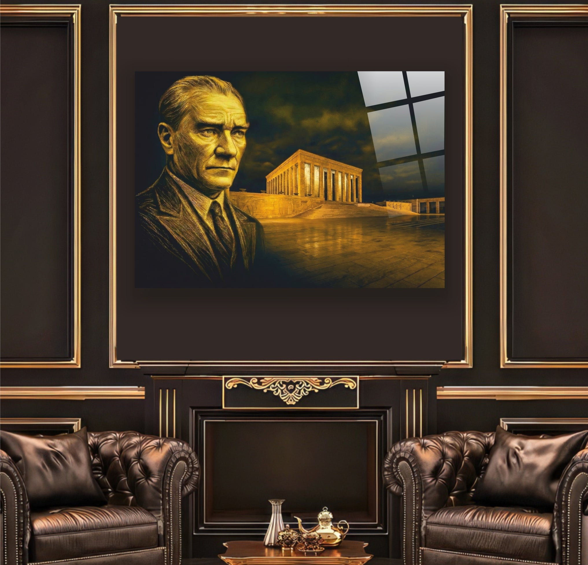 Atatürk Cam Tablo Anıtkabir ve Atatürk Temalı Kristal-Saf Sanat Gold Serisi
