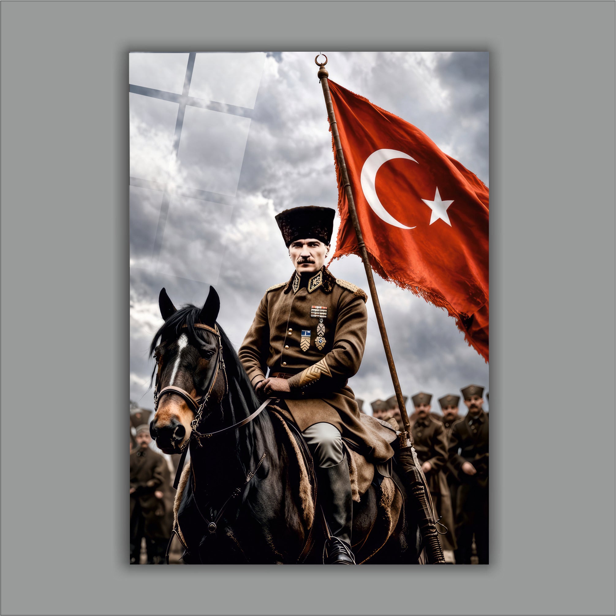 ATA-166 Atatürk Cam Tablo Atlı Mareşal Türk Bayraklı Özel Portre Tasarımı